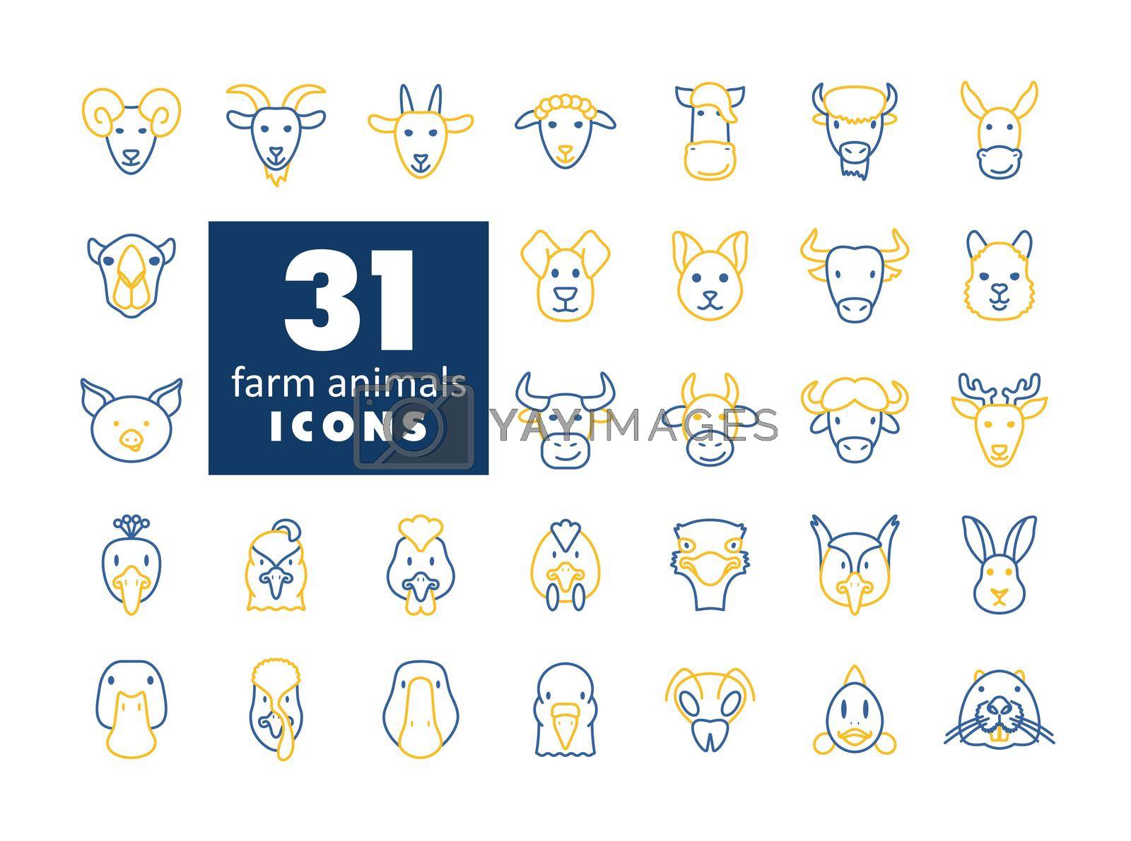 Farm animals icons set. Vector head illustration. Agriculture sign. Graph symbol for your web site design, logo, app, UI. EPS10.
