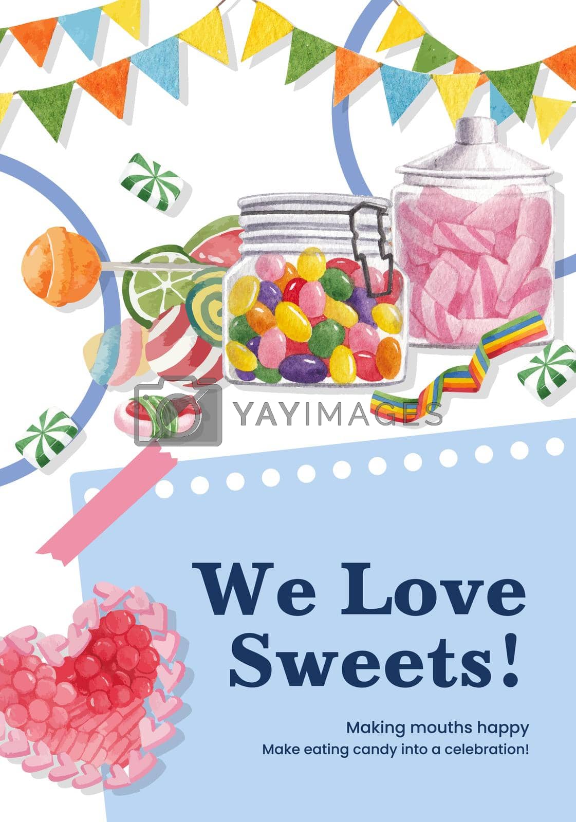 Royalty free image of Poster template with candy jelly party concept,watercolor style by Photographeeasia