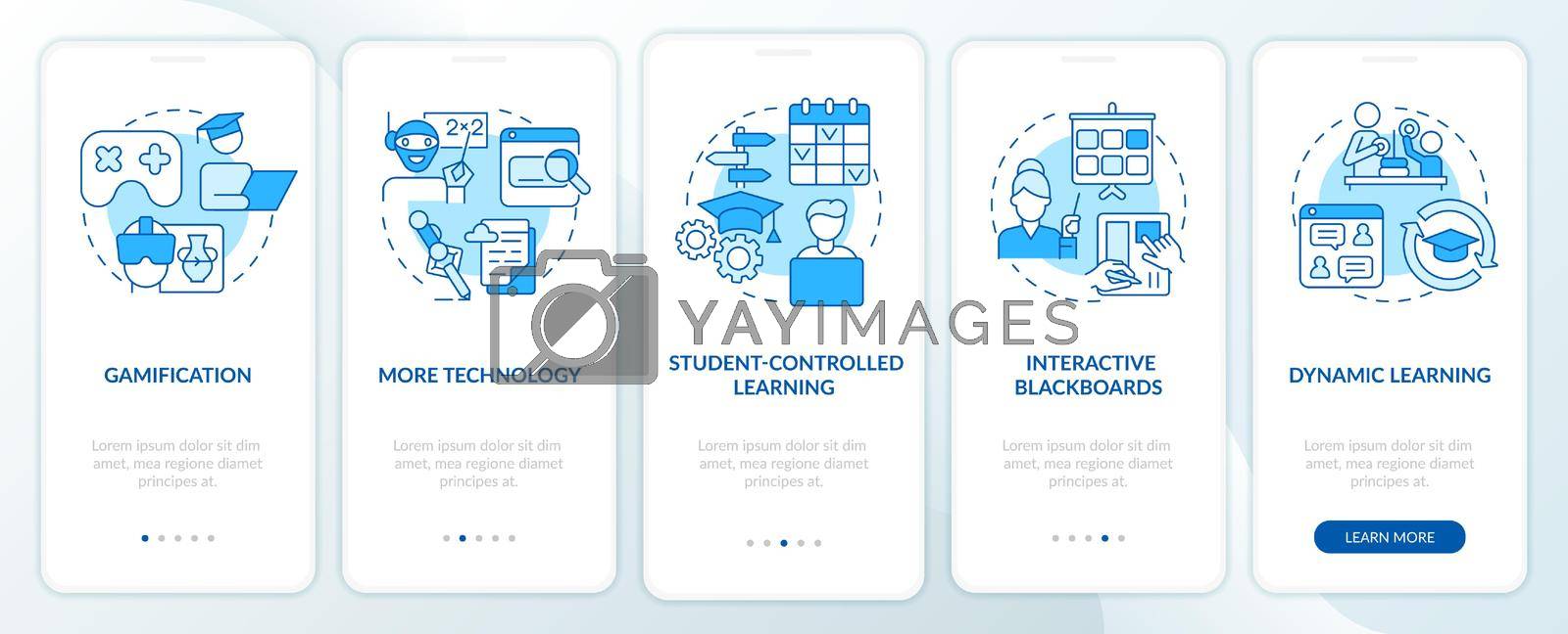 Technology in education trends blue onboarding mobile app screen. Digital walkthrough 5 steps graphic instructions pages with linear concepts. UI, UX, GUI template. Myriad Pro-Bold, Regular fonts used
