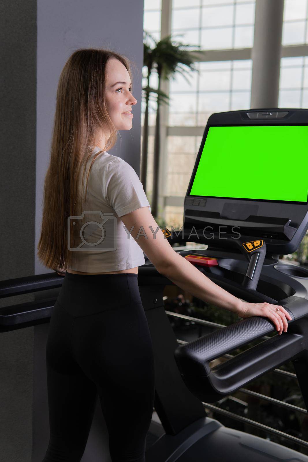 Woman indoors young treadmill length profile full running female, from fitness attractive from health for sportswear sporty, runner beautiful. Jogging care slim,