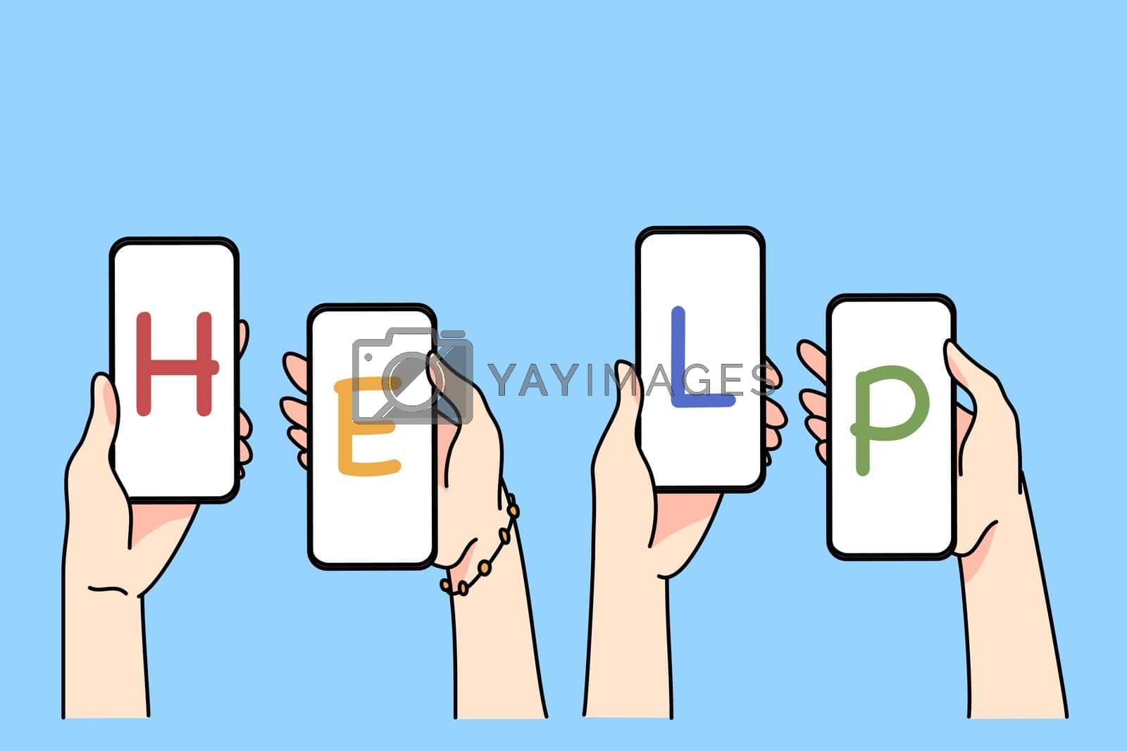 Diverse people hold smartphones with text help ask for emergency aid from online community. Person hands with cellphones beg assistance on social media. Solidarity and volunteer. Vector illustration.
