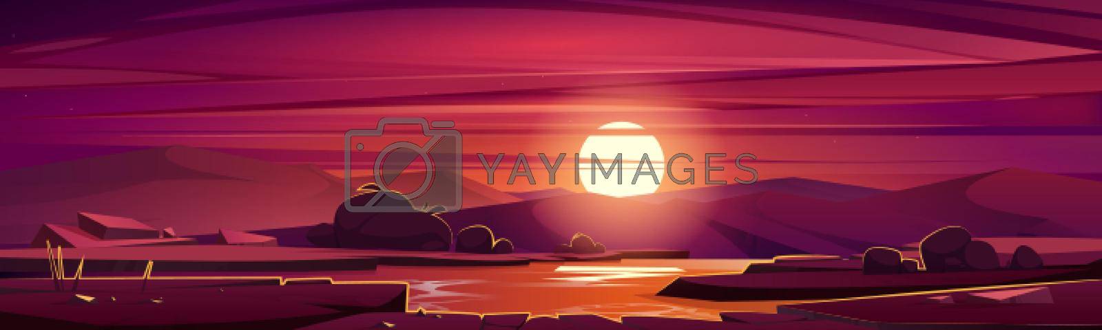 Cartoon nature landscape beautiful sunset at field with pond, grass, rocks and bushes under purple sky with red clouds and sun shine. Picturesque scenery background, natural scene, Vector illustration