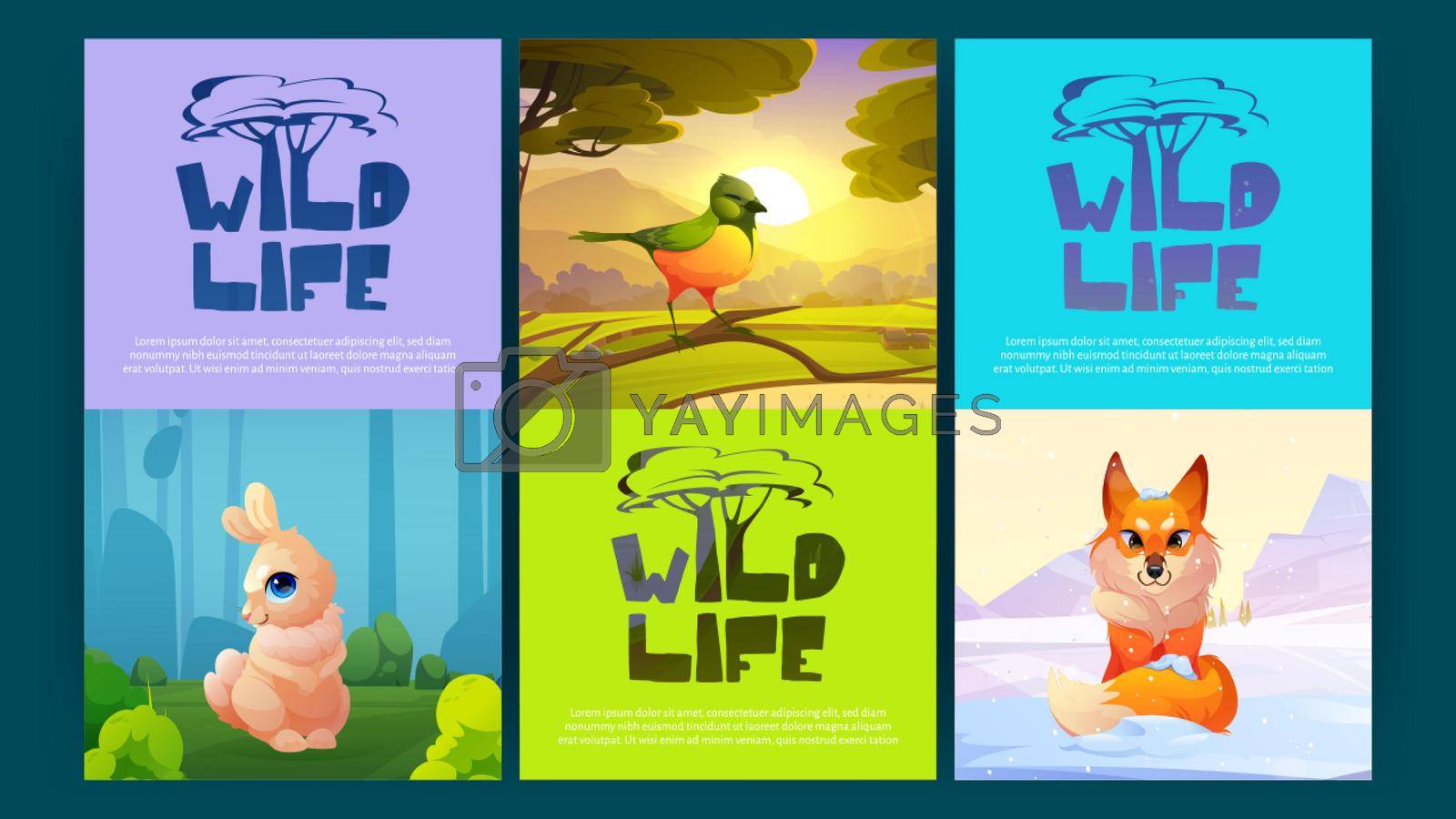 Wild life cartoon banners with forest animals and bird on scenery nature landscape. Environment protection emblems with tree symbol, cute rabbit, fox and birdie sitting on branch, Vector illustration