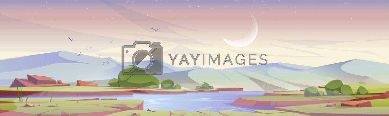 Royalty free image of Cartoon early morning landscape field with pond by vectorart