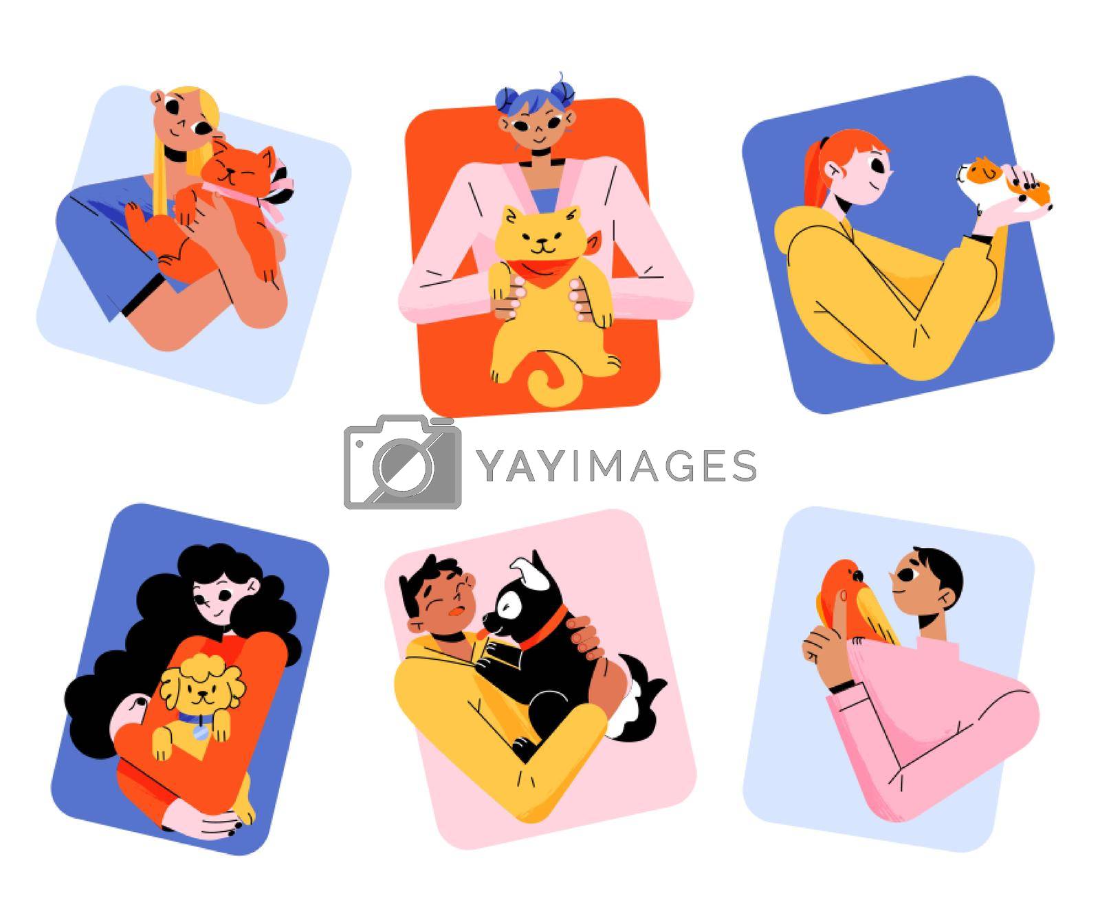 People hug pets square icons, young men and women holding dog, cat, parrot or guinea pig on hands. Human characters cuddle with home animals. Love, adoption avatars, Linear flat vector illustration