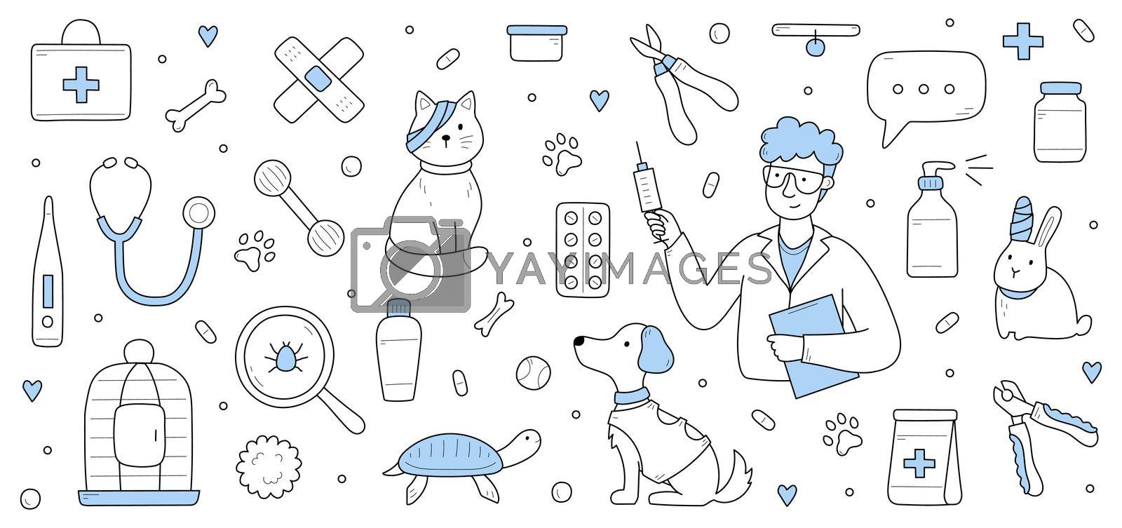 Veterinary clinic with doctor hold syringe, sick pets with bandage, grooming tools, cage, and stethoscope. Vector hand drawn illustration with man veterinarian, cat, dog, rabbit and turtle