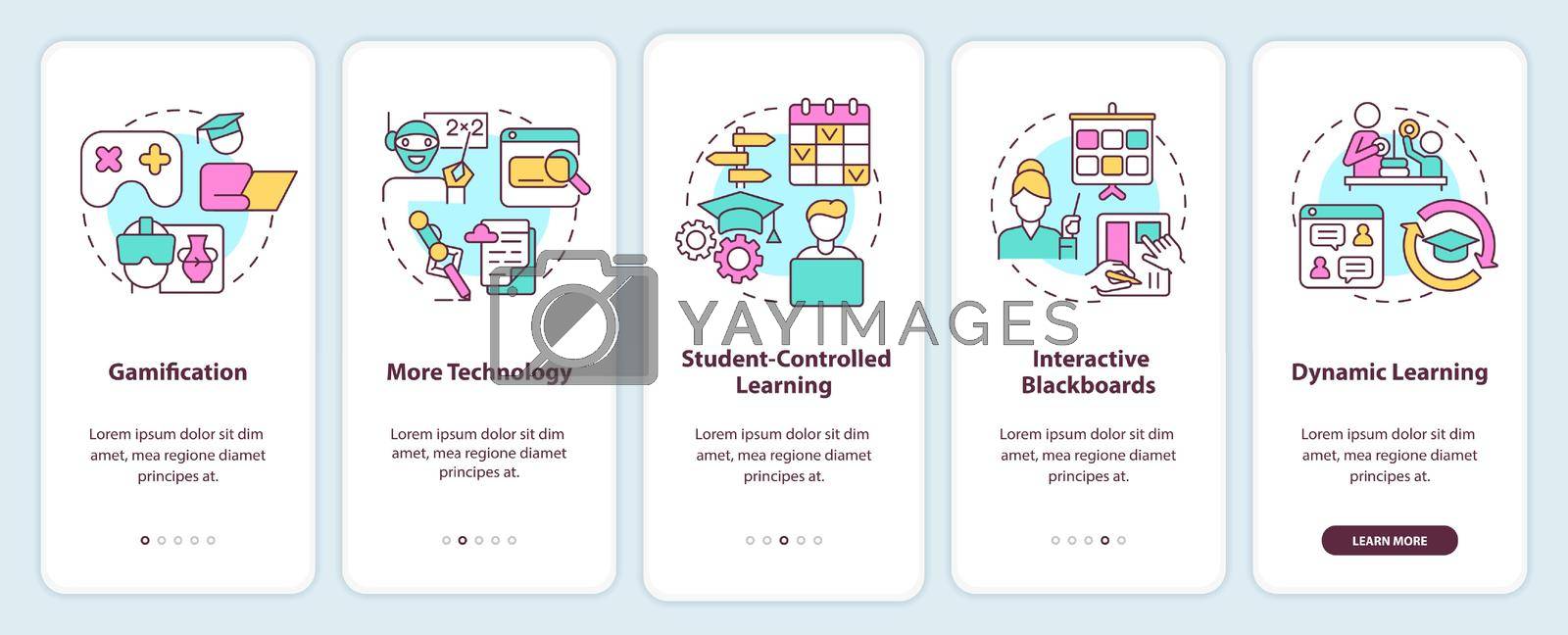 Technology in education trends onboarding mobile app screen. Digital walkthrough 5 steps graphic instructions pages with linear concepts. UI, UX, GUI template. Myriad Pro-Bold, Regular fonts used