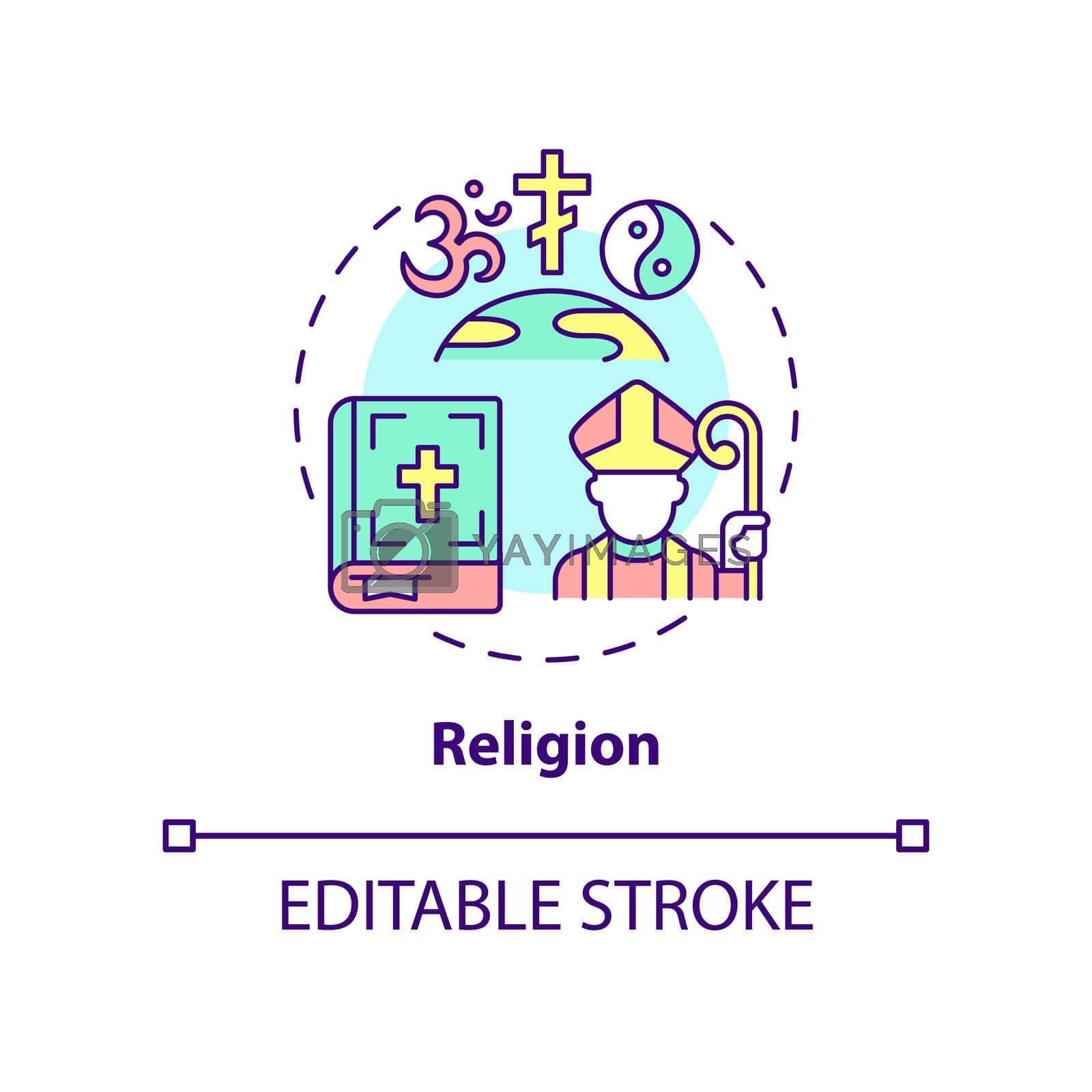 Religion concept icon. Belief and worship. Social-cultural system. Social institution abstract idea thin line illustration. Isolated outline drawing. Editable stroke. Arial, Myriad Pro-Bold fonts used