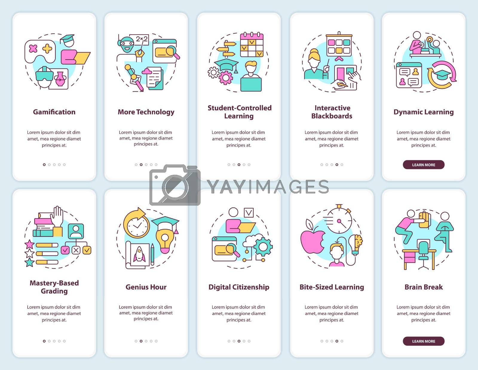 Education trends onboarding mobile app screen set. System development walkthrough 5 steps graphic instructions pages with linear concepts. UI, UX, GUI template. Myriad Pro-Bold, Regular fonts used