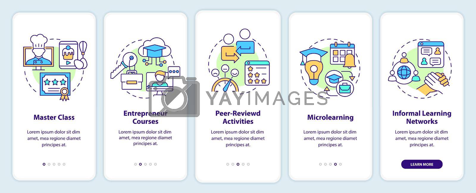 Online education trends onboarding mobile app screen. Learning channel walkthrough 5 steps graphic instructions pages with linear concepts. UI, UX, GUI template. Myriad Pro-Bold, Regular fonts used