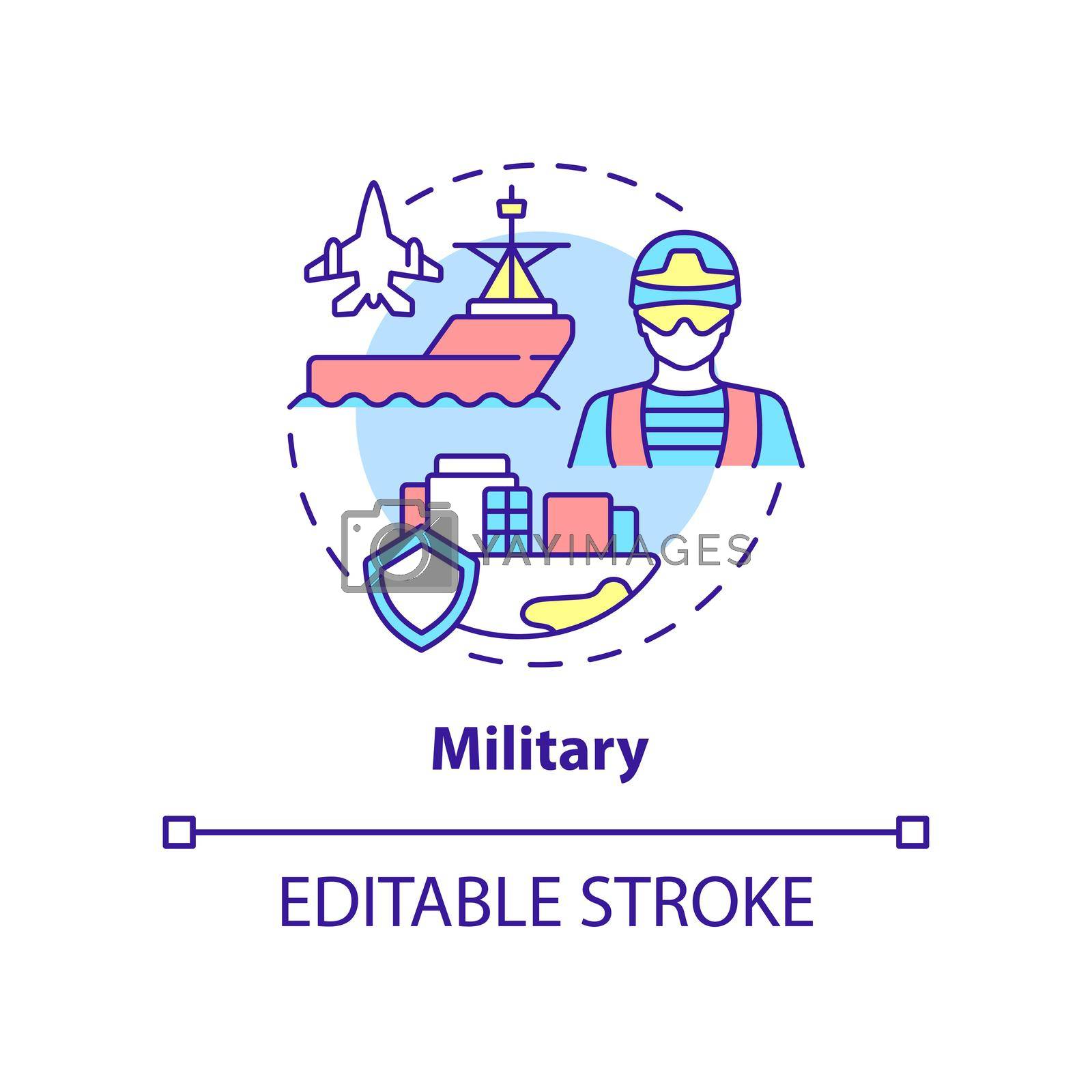 Military concept icon. Armed forces. State defence. Social institution abstract idea thin line illustration. Isolated outline drawing. Editable stroke. Arial, Myriad Pro-Bold fonts used