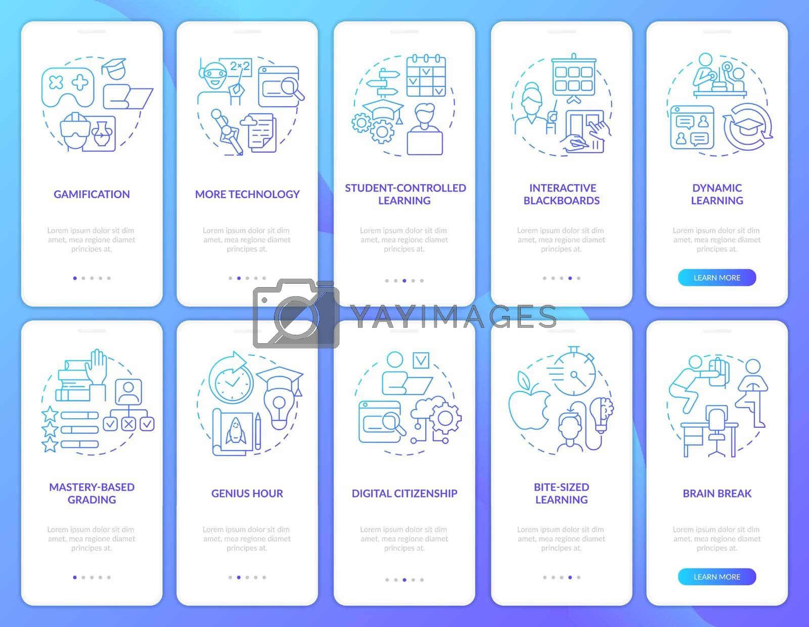Education trends blue gradient onboarding mobile app screen set. Walkthrough 5 steps graphic instructions pages with linear concepts. UI, UX, GUI template. Myriad Pro-Bold, Regular fonts used