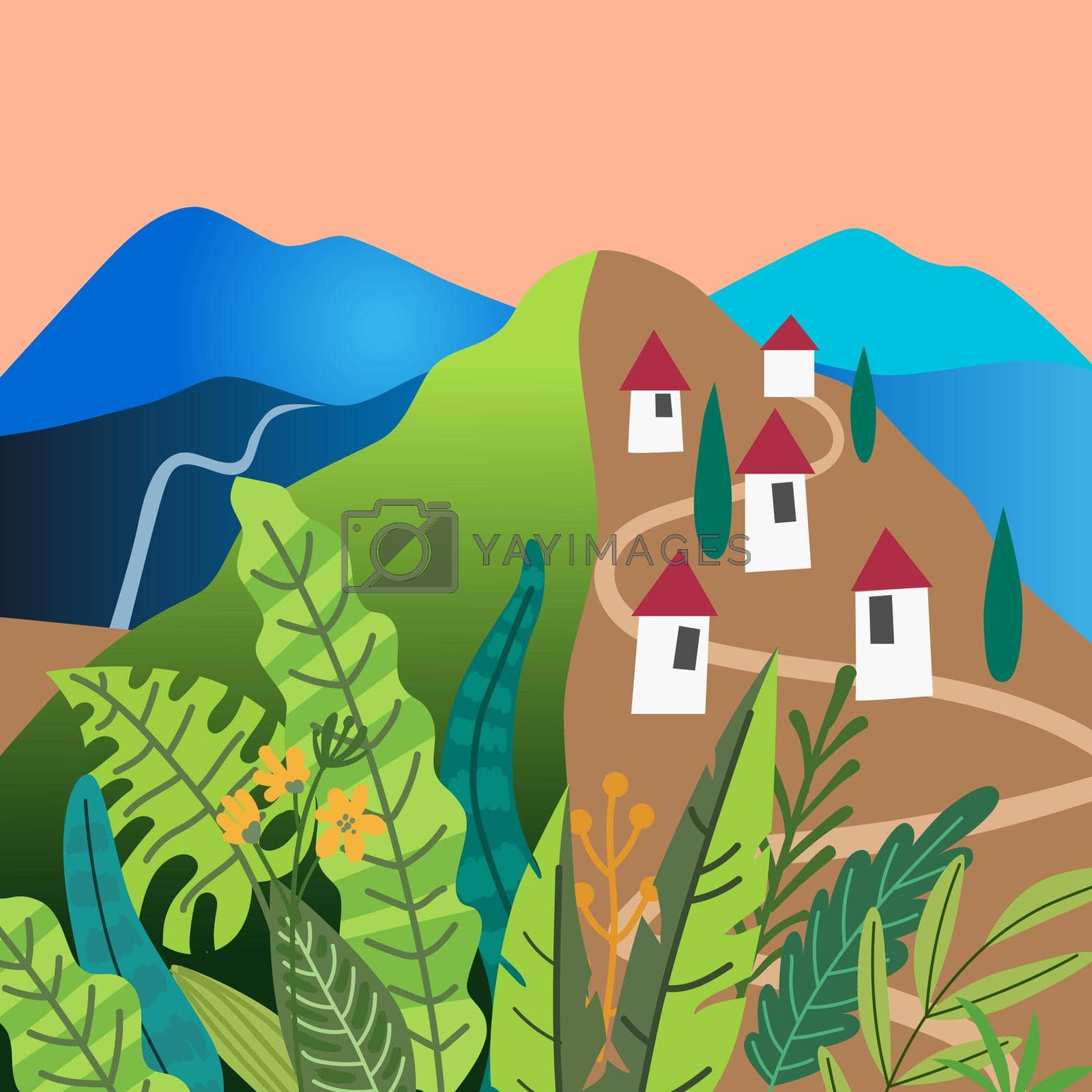 Vector village mountains landscape. Colorful beautiful illustration with mountains, houses and plants.