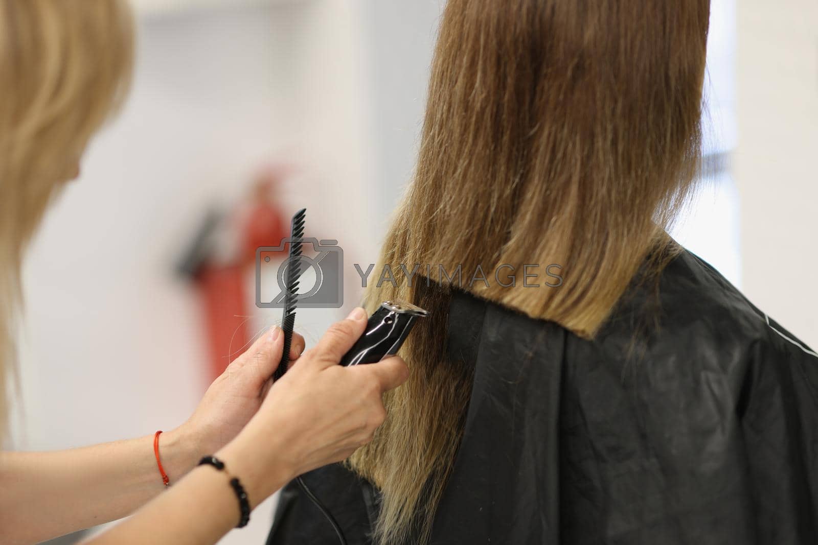 Close-up of process of hair cutting at beauty salon, using hair clipper. Beauty day, making haircut
