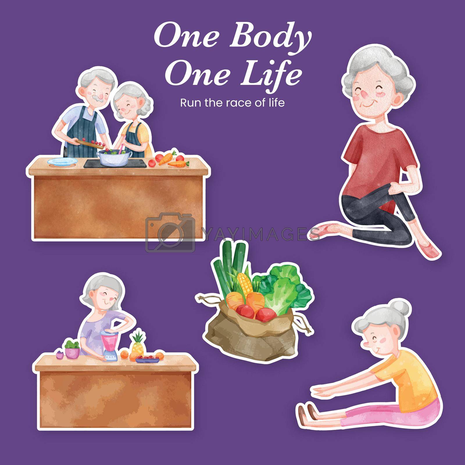 Sticker template with senior health fitness concept,watercolor style
