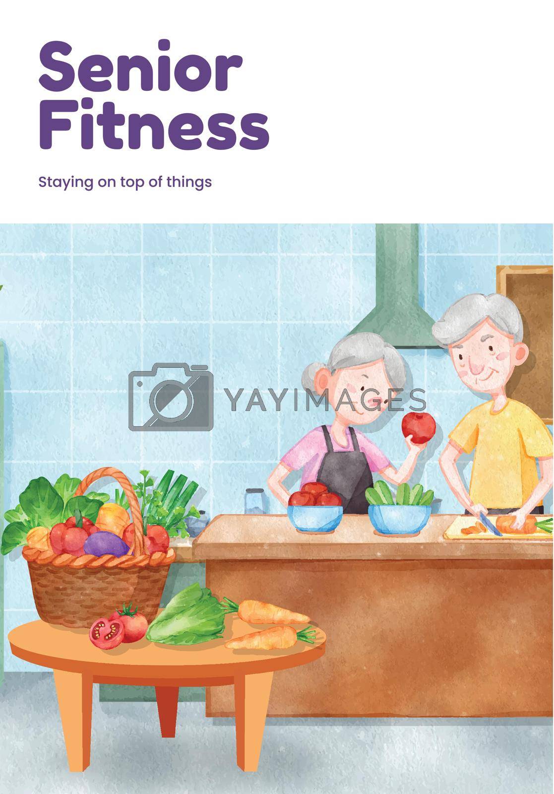 Poster template with senior health fitness concept,watercolor style
