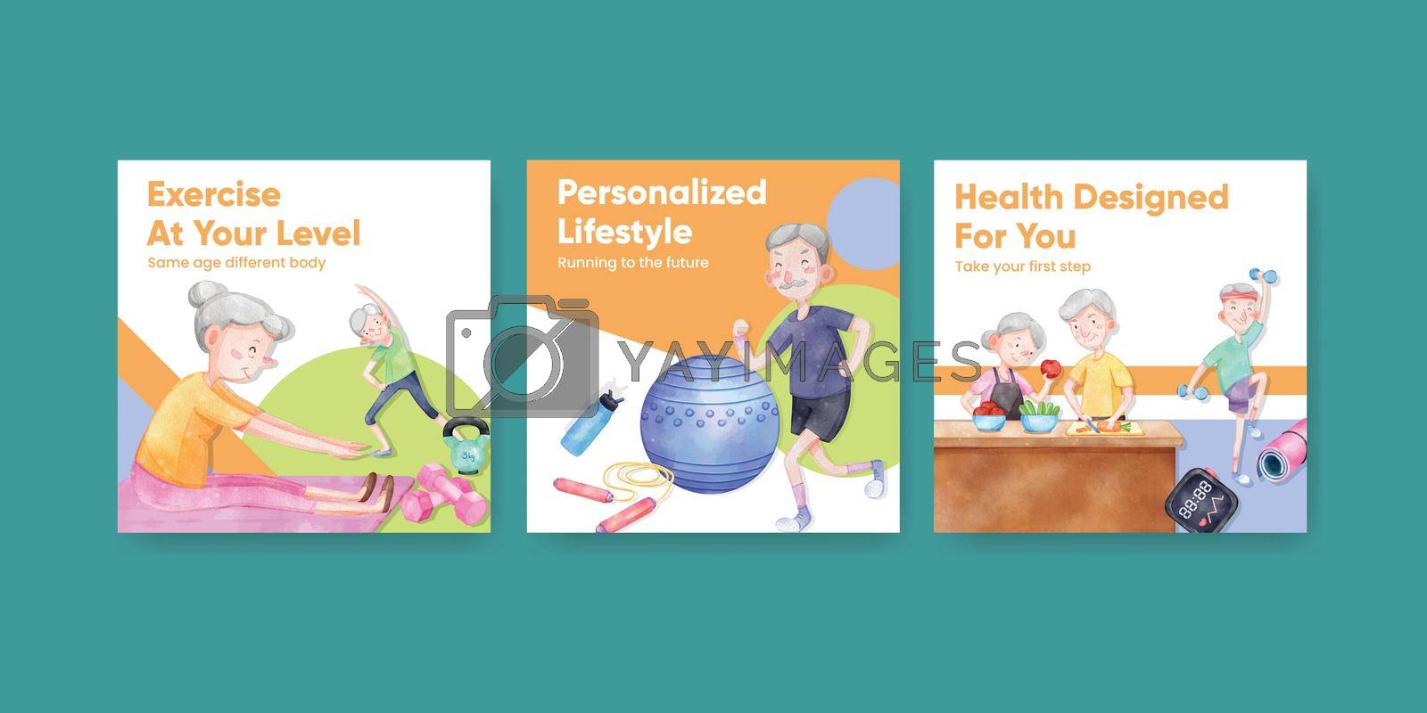 Banner template with senior health fitness concept,watercolor style

