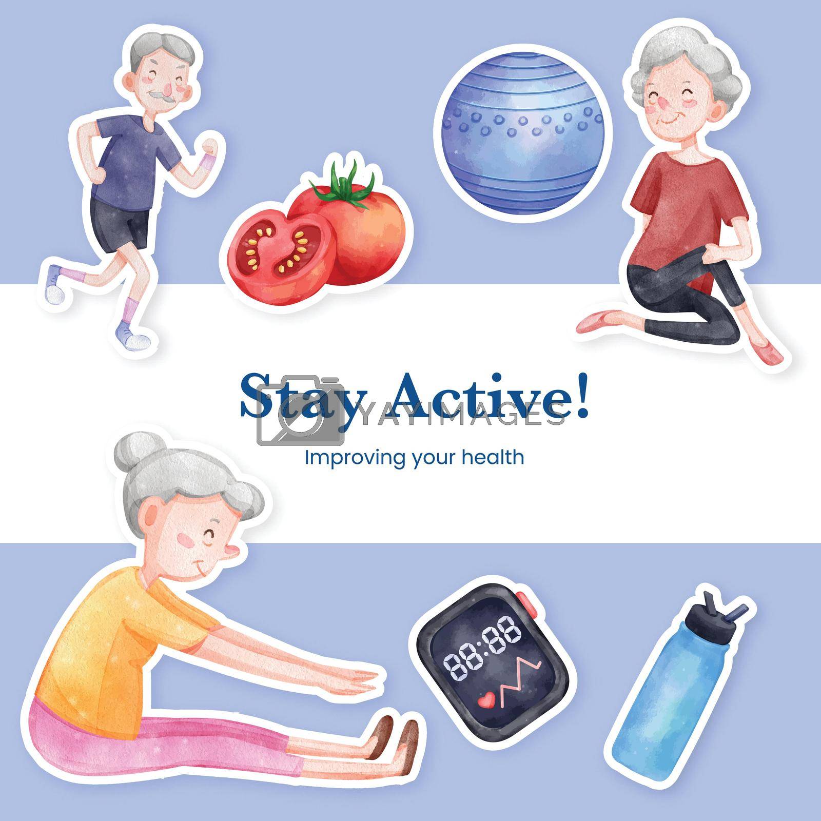 Sticker template with senior health fitness concept,watercolor style
