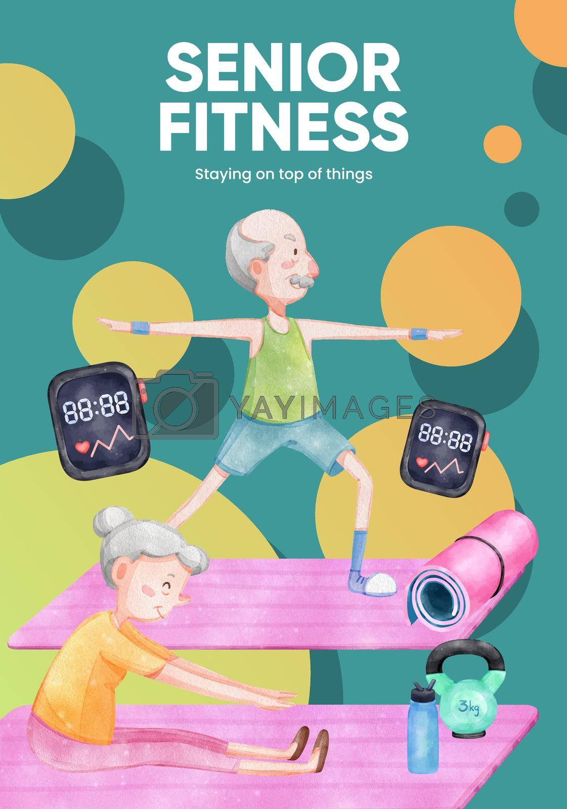 Poster template with senior health fitness concept,watercolor style

