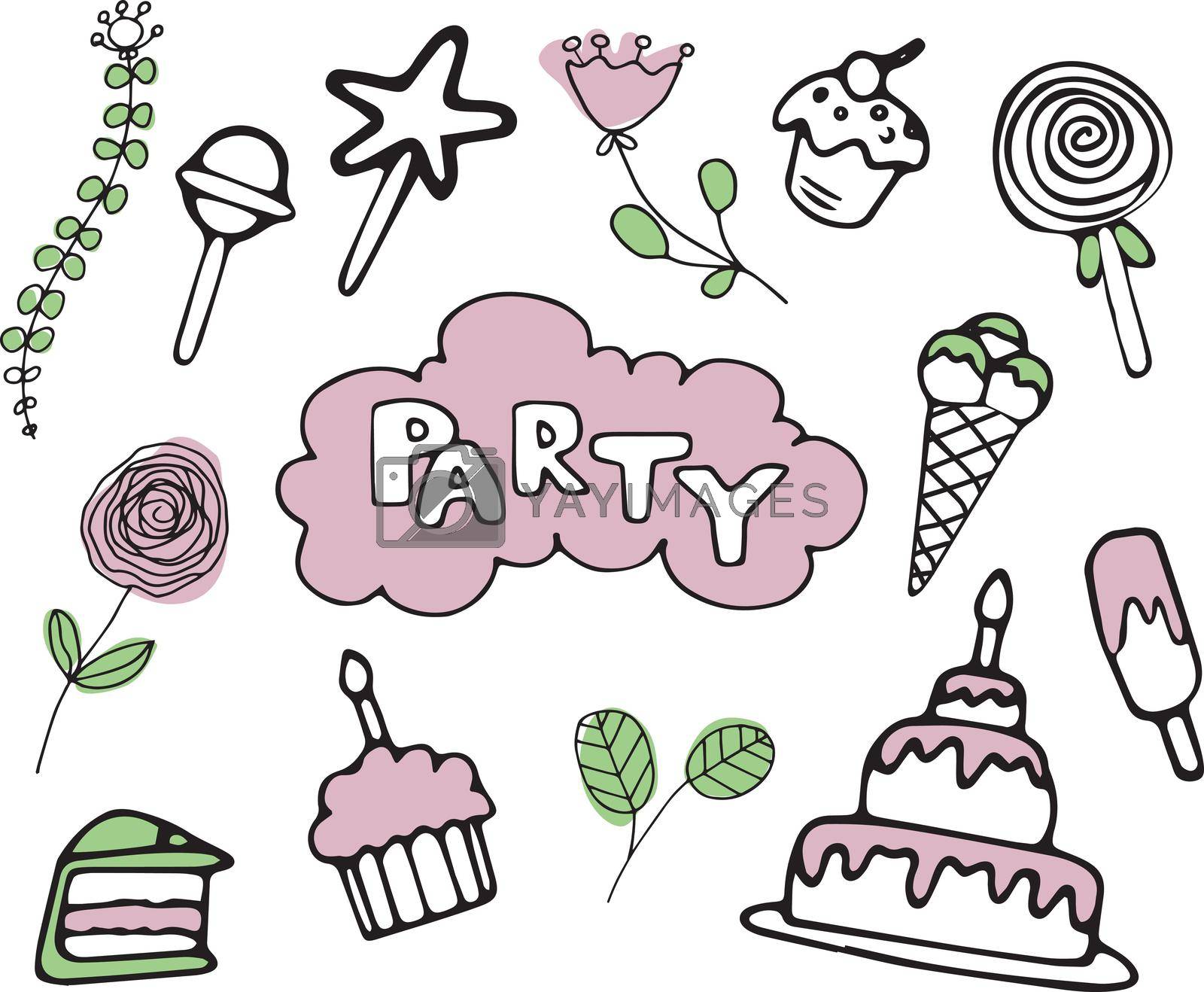 Set of colorful party icons elements on white background. Cute celebration collection