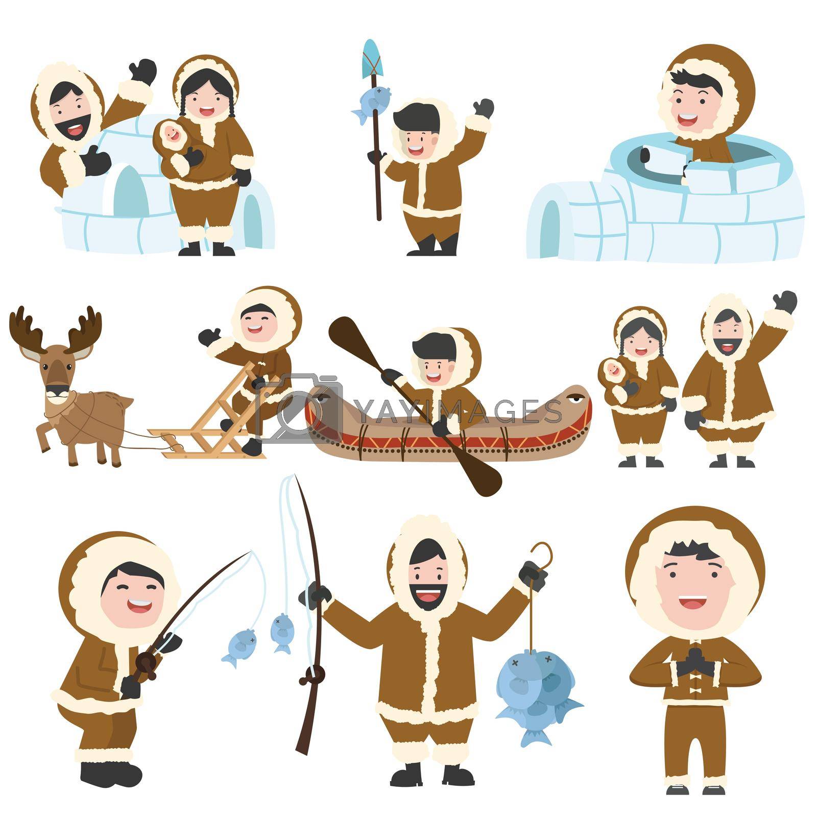 set of eskimos people family cartoon vector