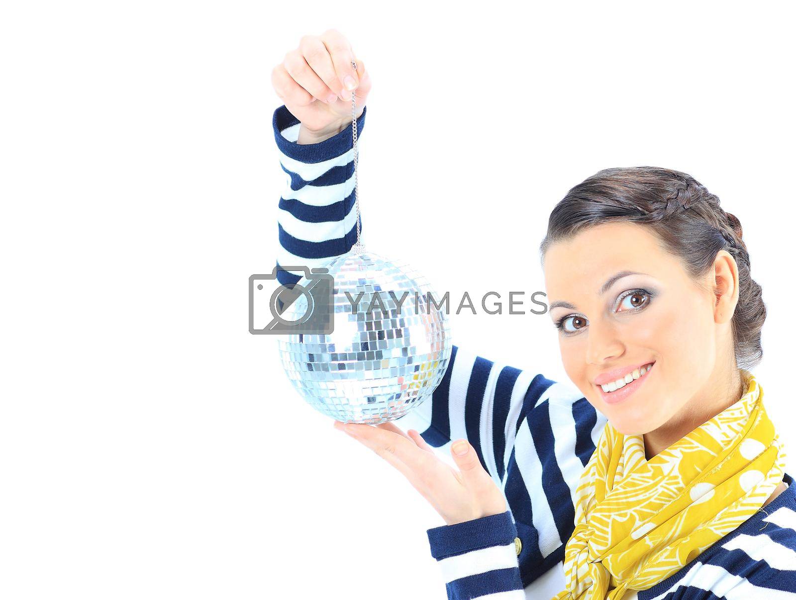 Royalty free image of Beautiful girl with a mirror sphere on a white background. by SmartPhotoLab