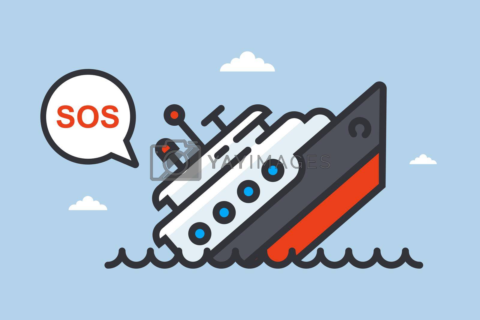a sinking ship asks for help. flat vector illustration.