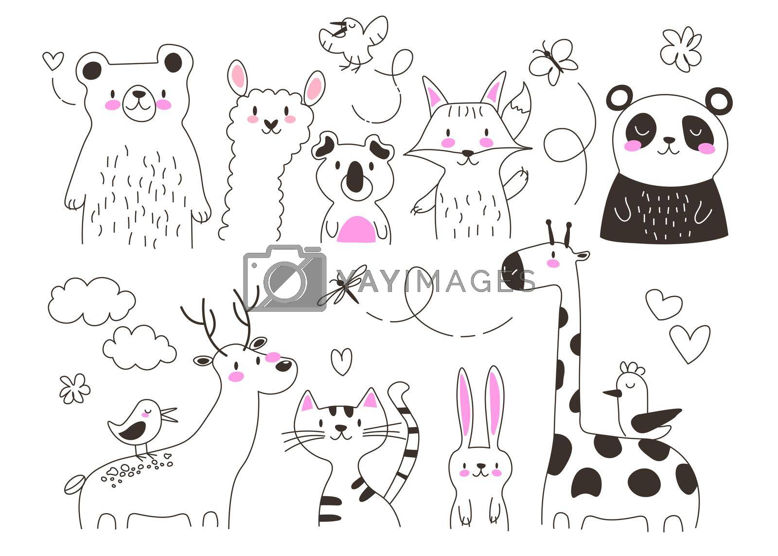 Wild animals cartoon wild fauna isolated set. Black and white graphic vector illustration in the line style