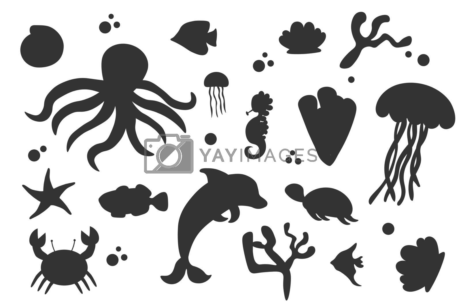 Silhouettes of fish and sea animals isolated black and white vector illustration minimal style