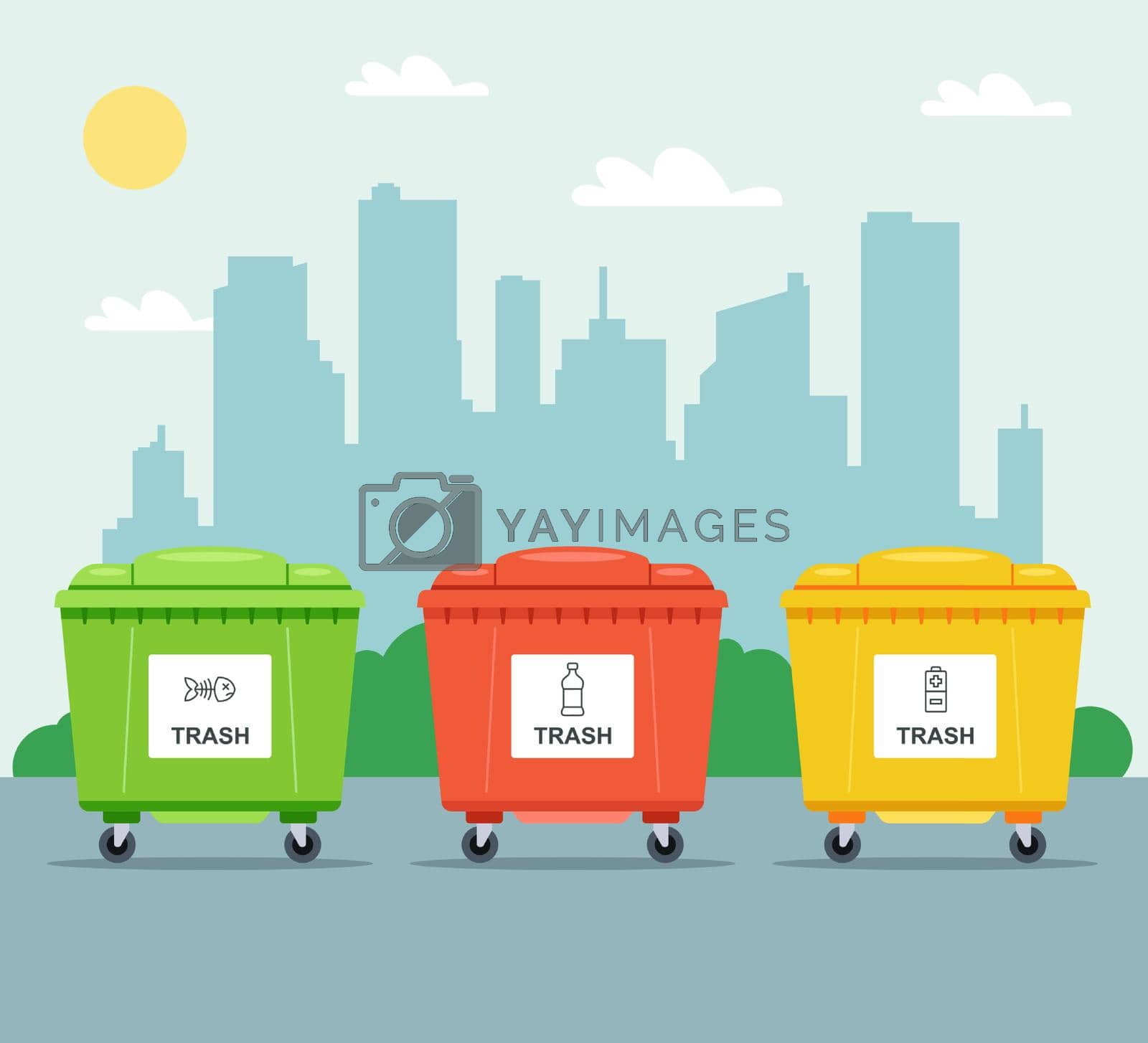 Royalty free image of multi-colored bins for separate collection of garbage on the background of the city. by PlutusART