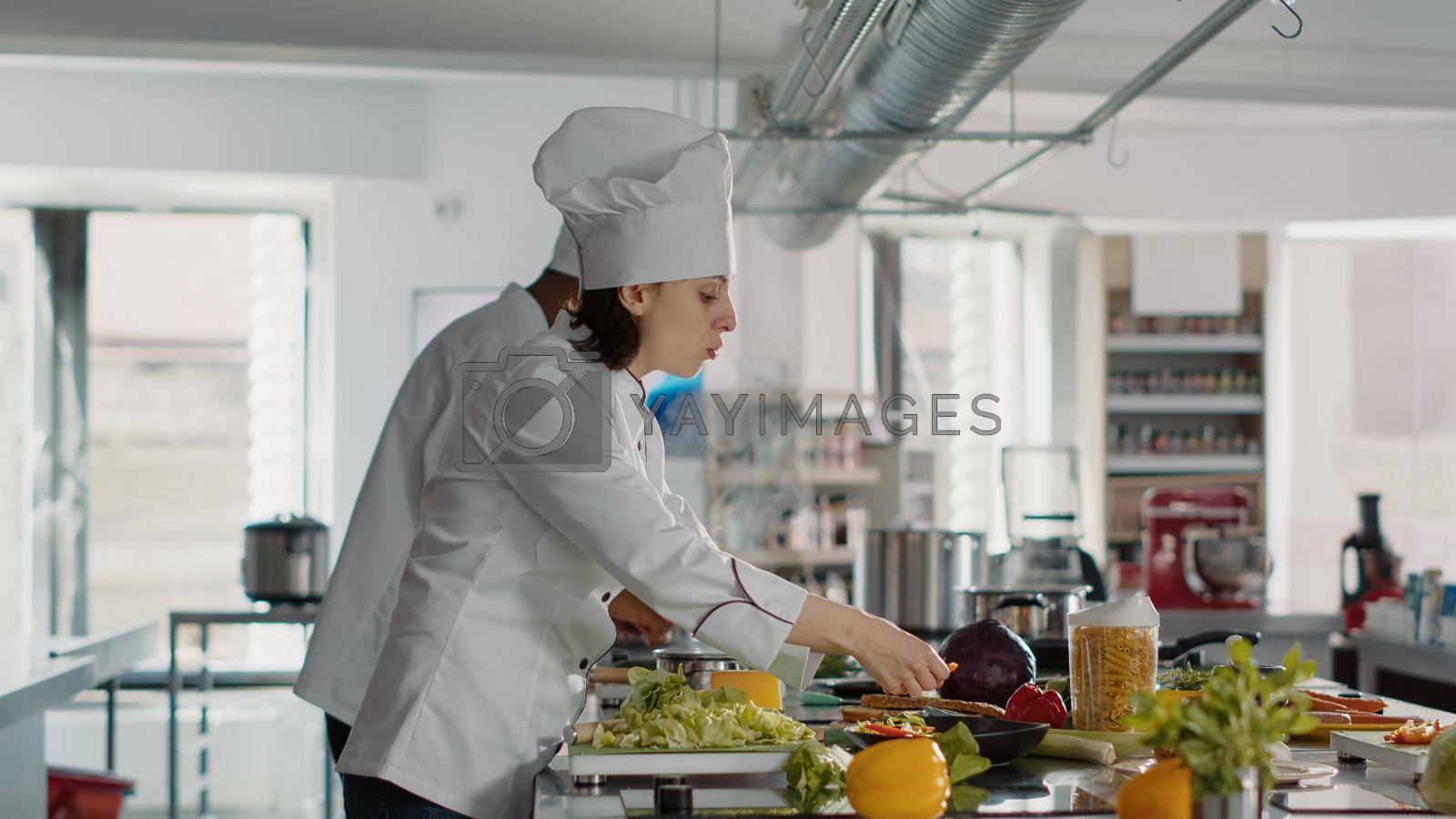 Woman cooking authentic professional cuisine food recipe in kitchen, using utensils and organic ingredients. Female chef preparing gourmet meal dish for gastronomy and professional menu.