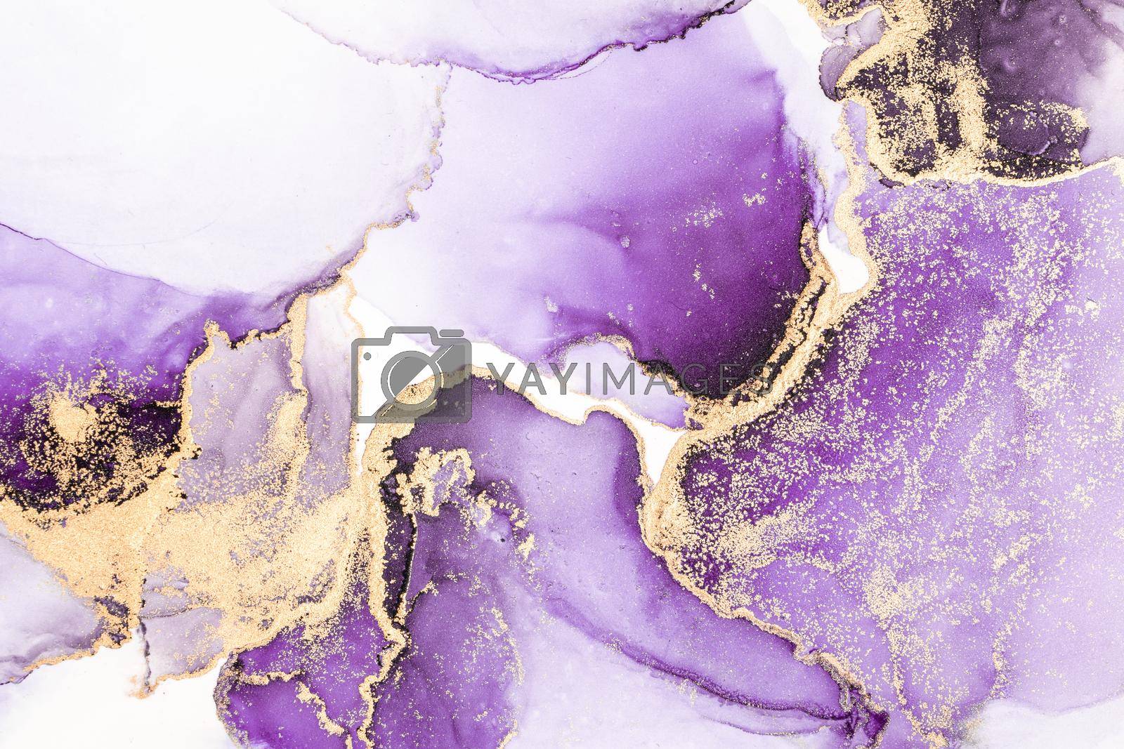 Purple gold abstract background of marble liquid ink art painting on paper . Image of original artwork watercolor alcohol ink paint on high quality paper texture .