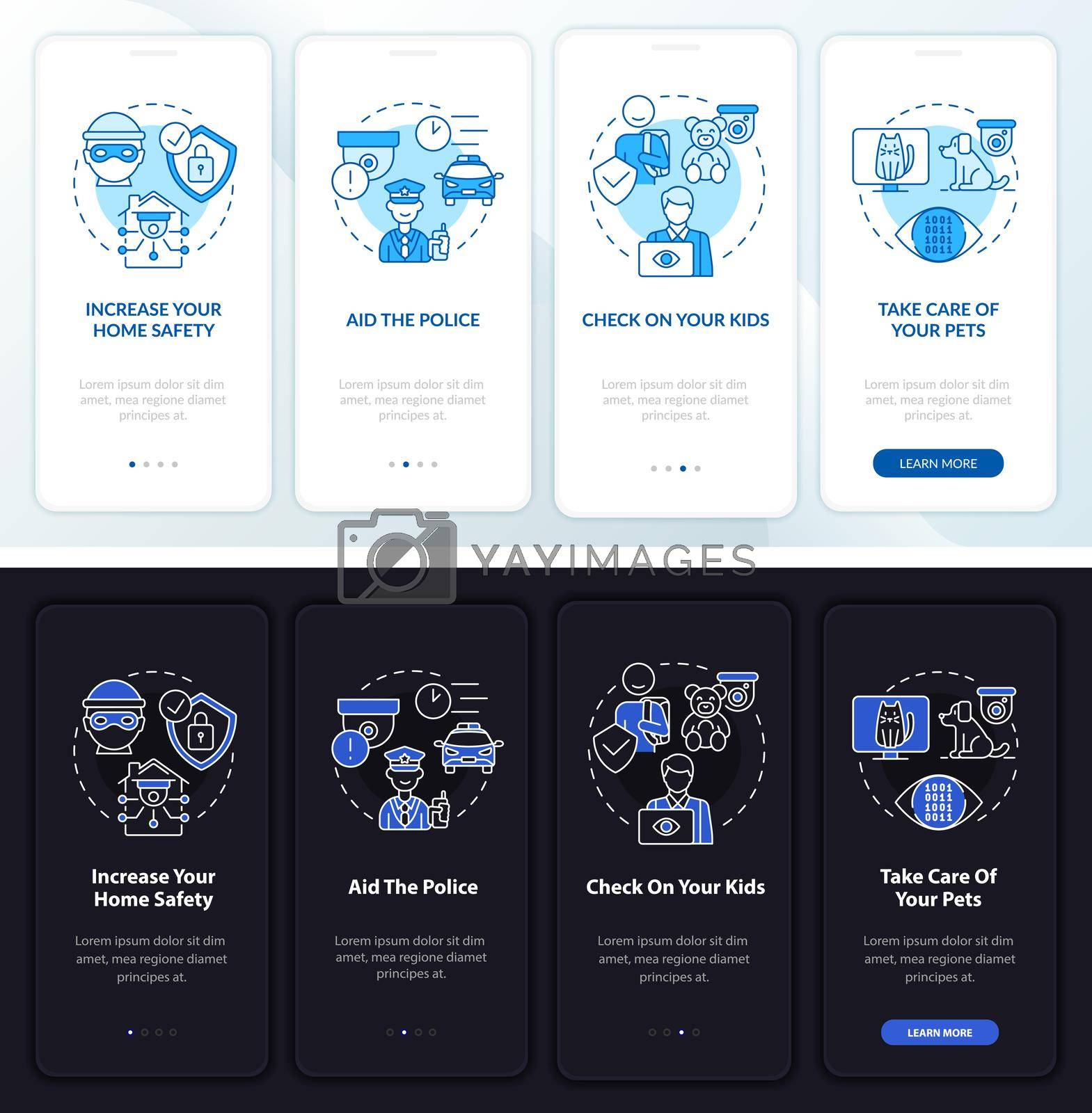 Home safety onboarding mobile app page screen set. Pets observation walkthrough 4 steps graphic instructions with concepts. UI, UX, GUI vector template with linear night and day mode illustrations