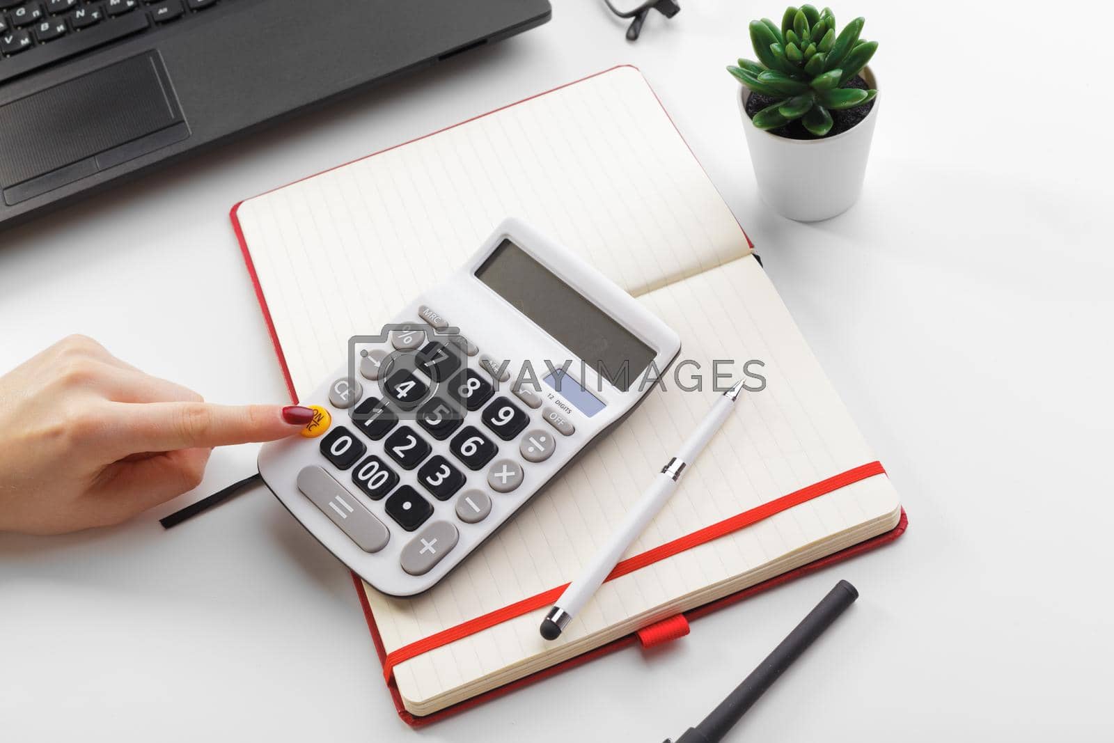 Business woman working with financial data hand using calculator. Close up.