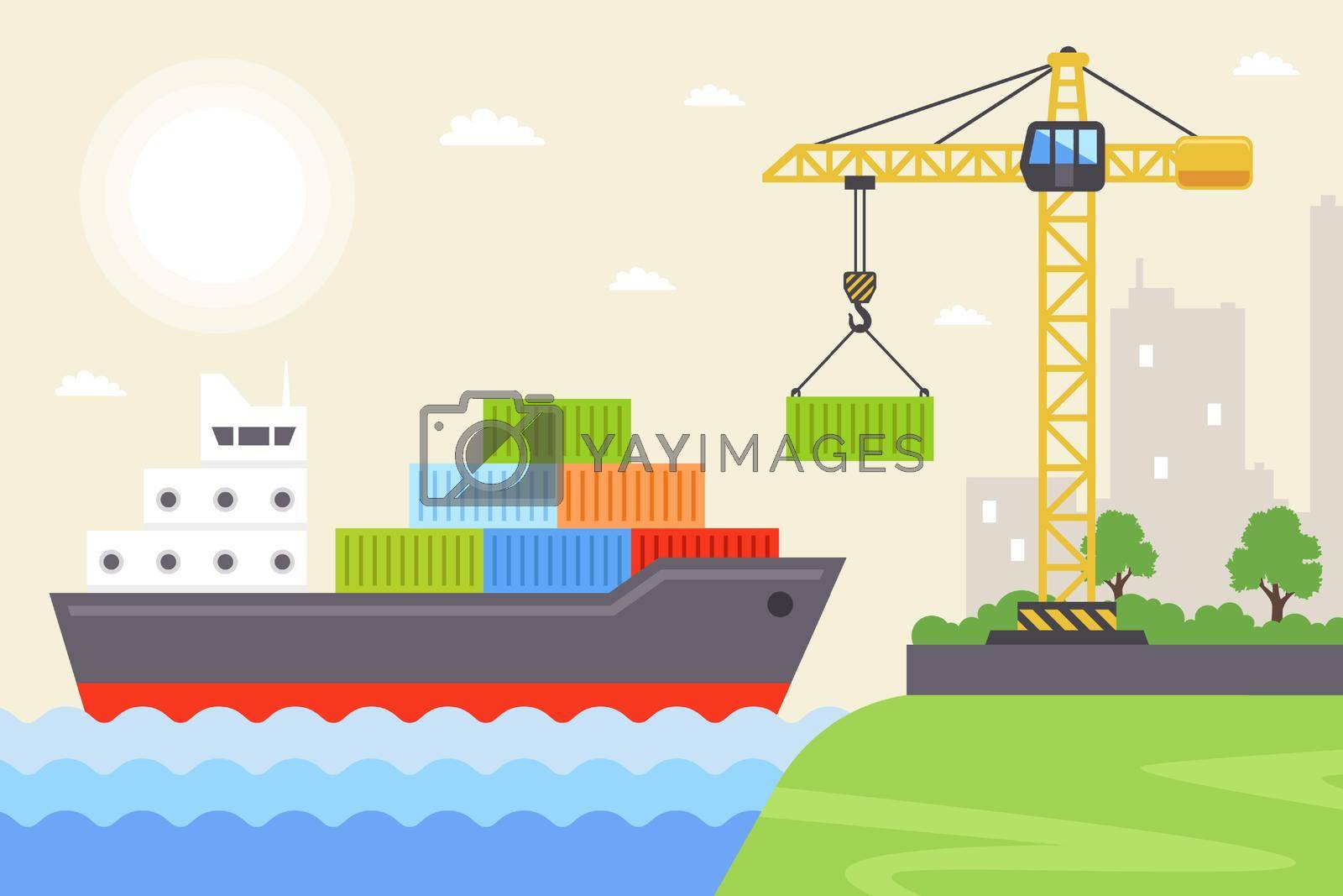 dry cargo ship near the coast is loaded with containers for transportation across the seas. flat vector illustration.