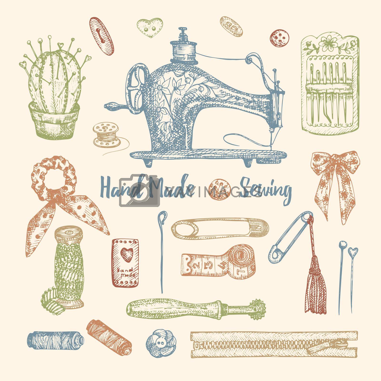 Royalty free image of Set of hand-drawn vintage sewing tools. Sew machine, Needle, scissors, mannequin, buttons, tailor meter. Sketch engraving style. Elements for logos, icons isolated on white background. Vector by zimages
