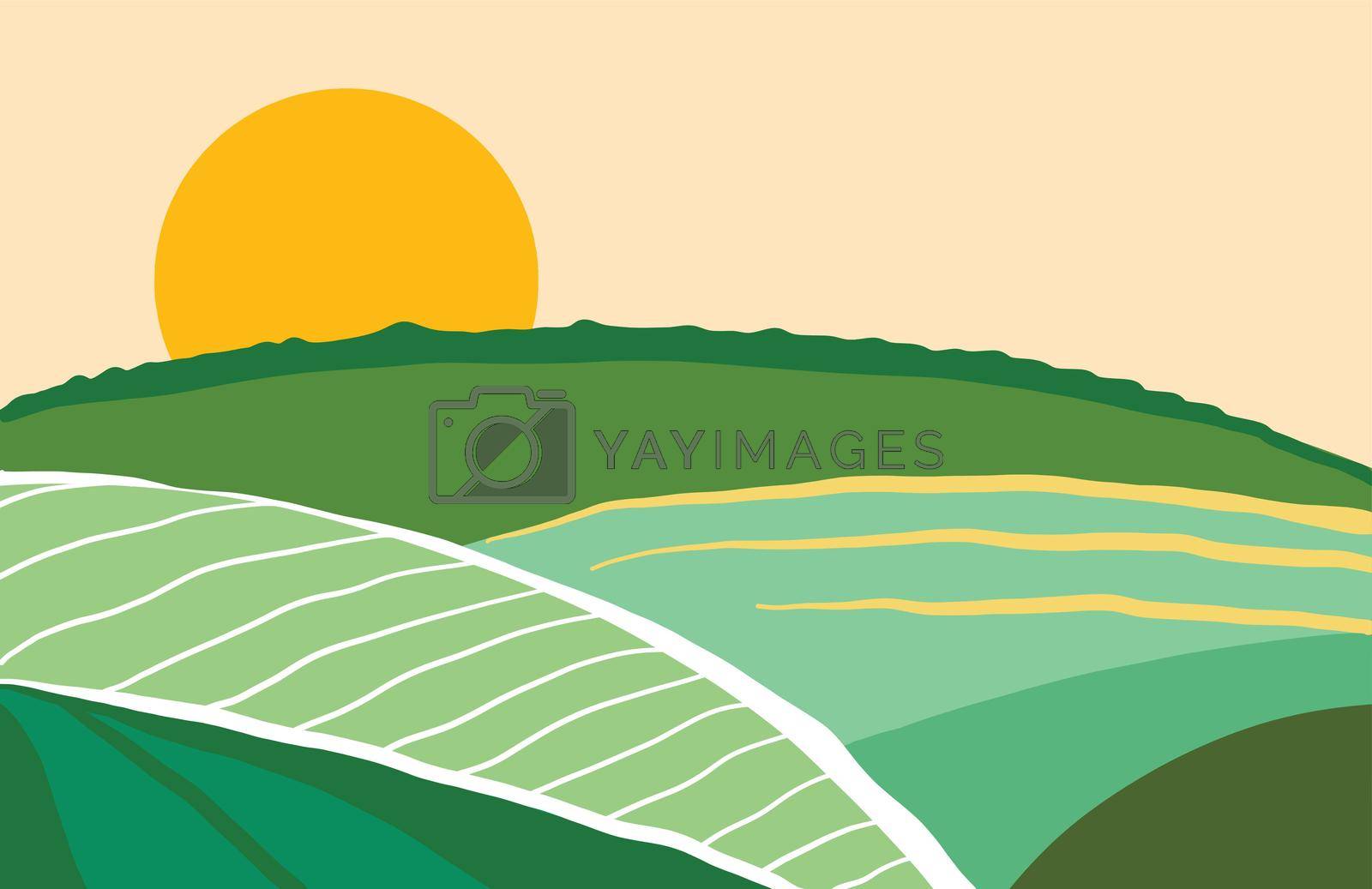 Landscape in a flat style with bright colors. The fields and the sun. Summer Vector