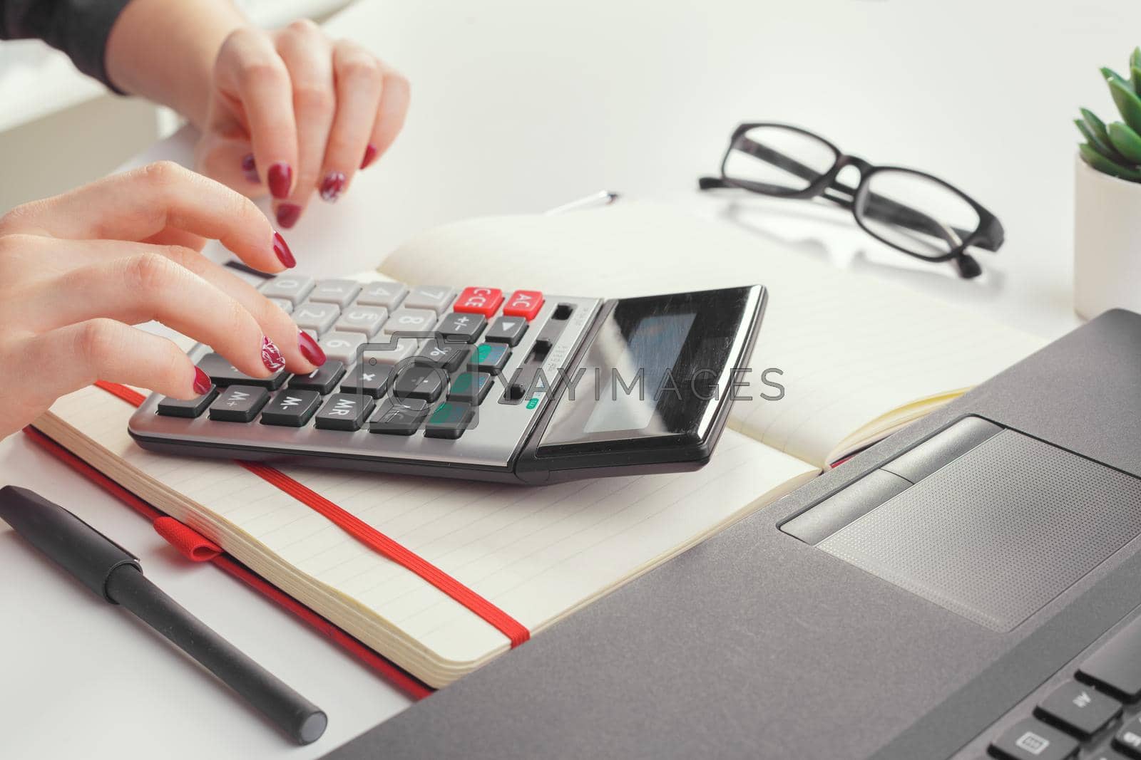Business woman working with financial data hand using calculator. creative photo.