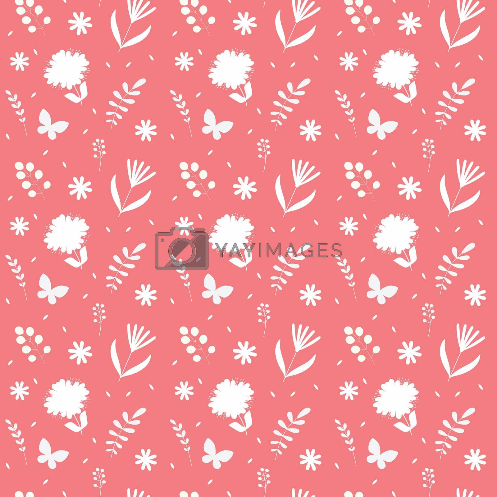 Seamless floral pattern with white flowers on red background. Modern blossom decoration with botanical ornament