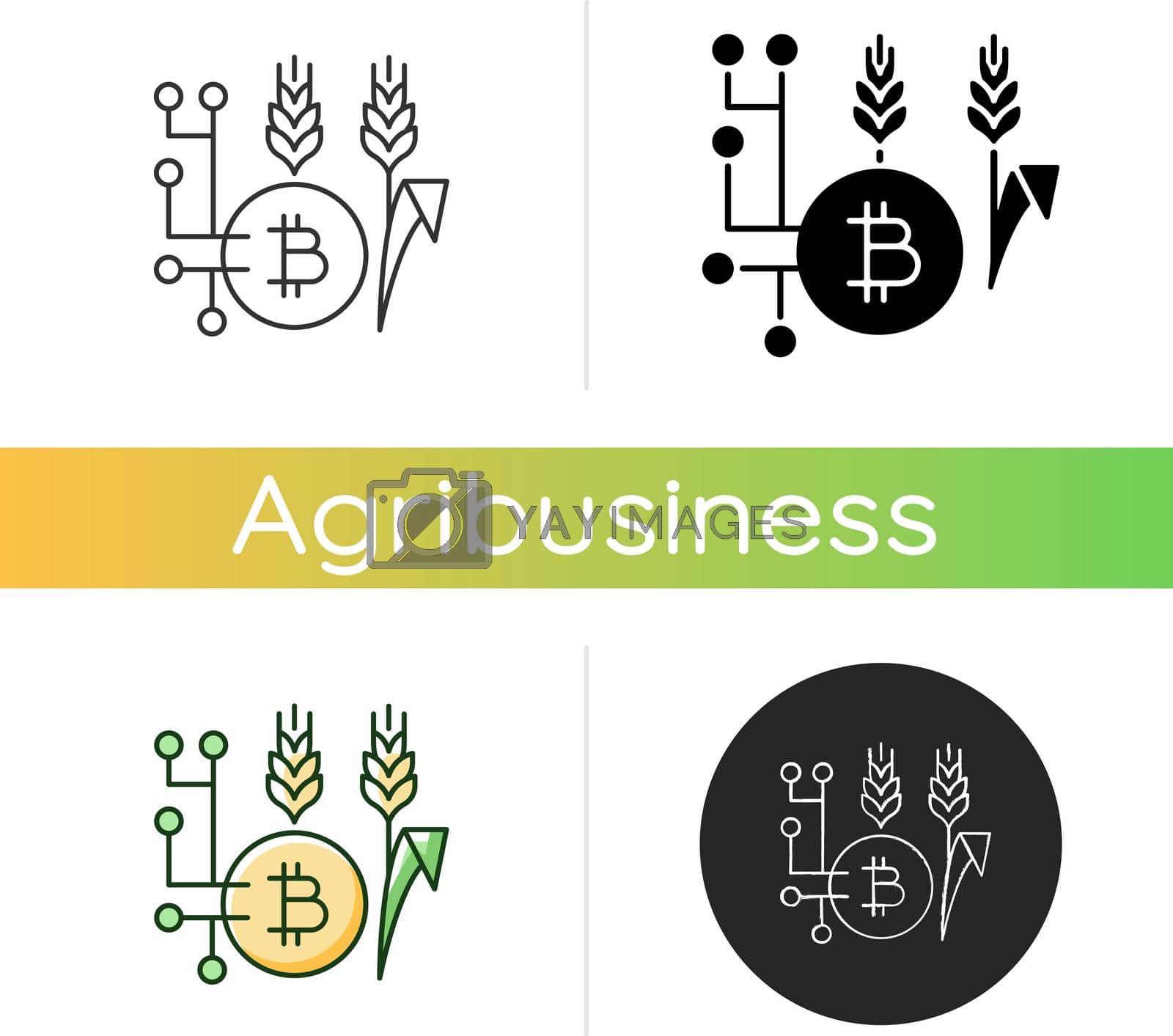 Blockchain technology in agriculture icon. Innovative payment option. Digital currency usage in farming. Smart agriculture. Linear black and RGB color styles. Isolated vector illustrations