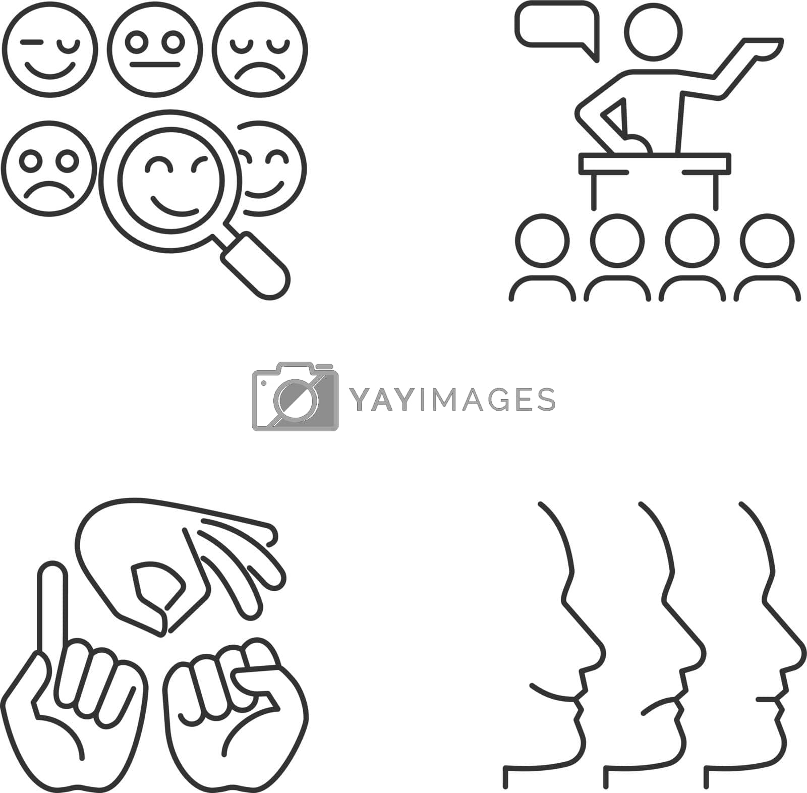 Building relationships with people linear icons set. Reading emotions. Hand gestures. Facial expressions. Customizable thin line contour symbols. Isolated vector outline illustrations. Editable stroke