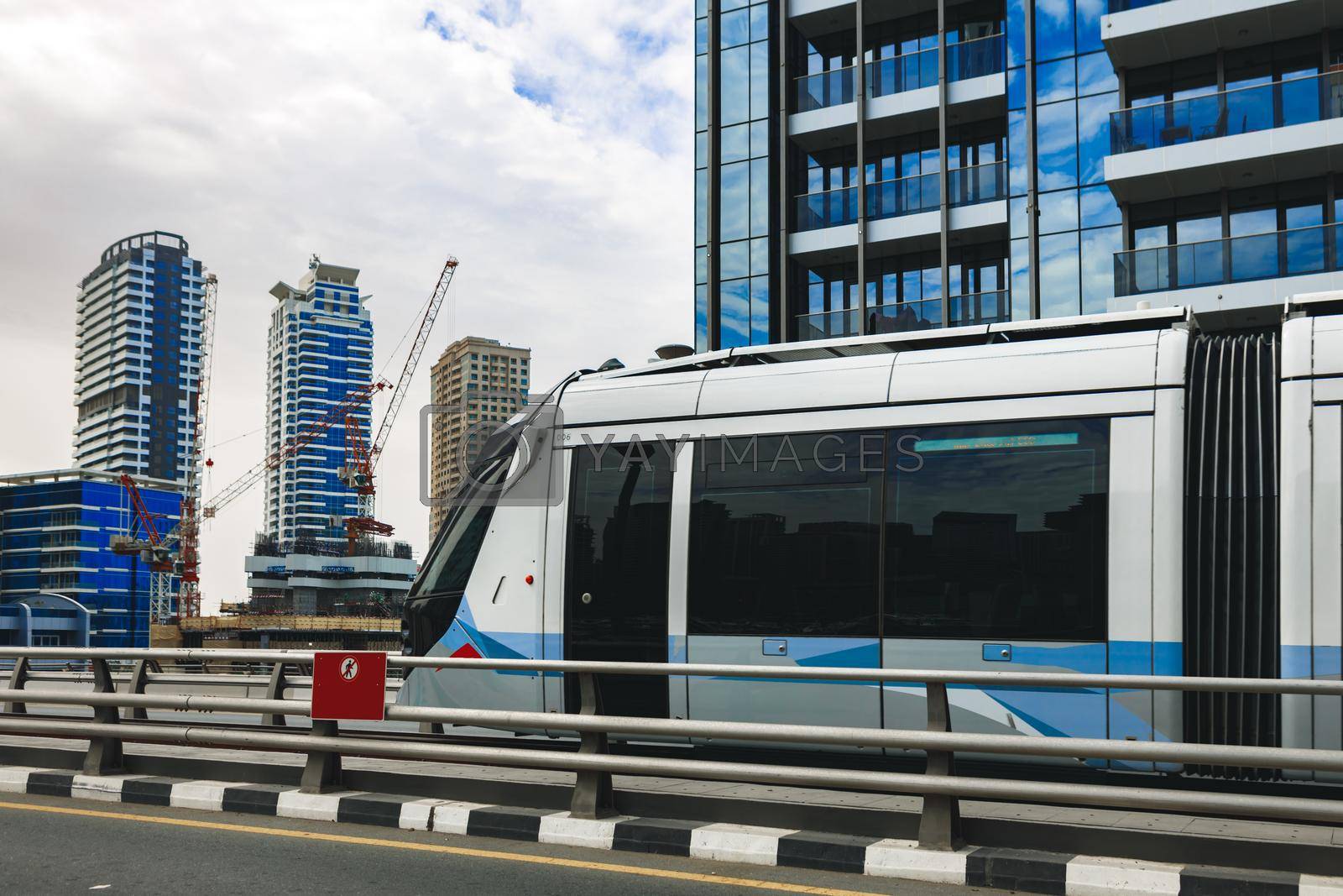Dubai Tram public transport in a street, close up