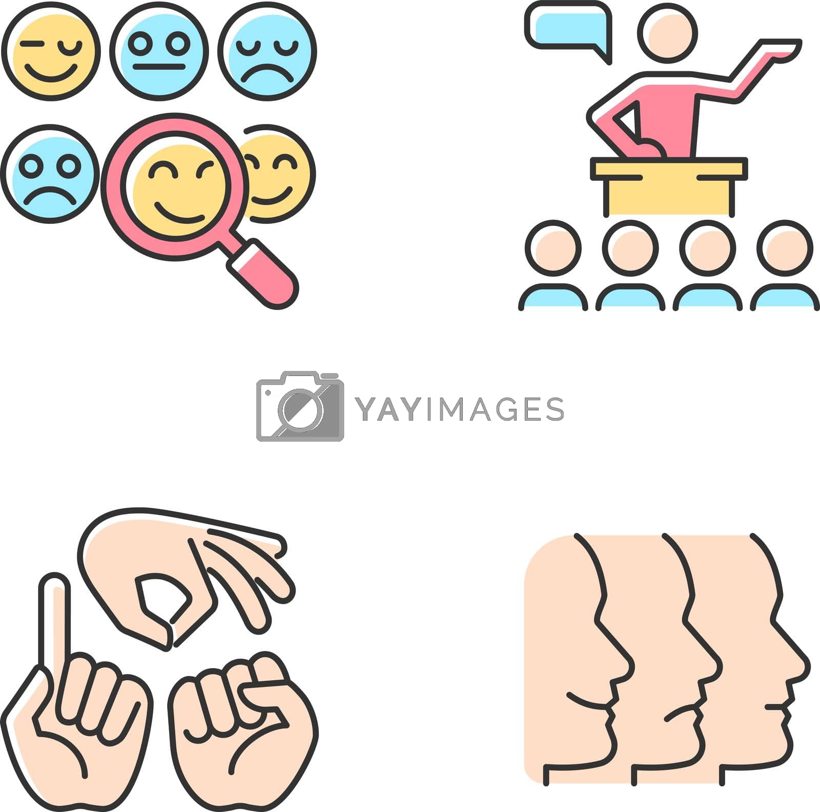 Building relationships with people RGB color icons set. Reading emotions. Public communication. Hand gestures. Facial expressions. Isolated vector illustrations. Simple filled line drawings collection