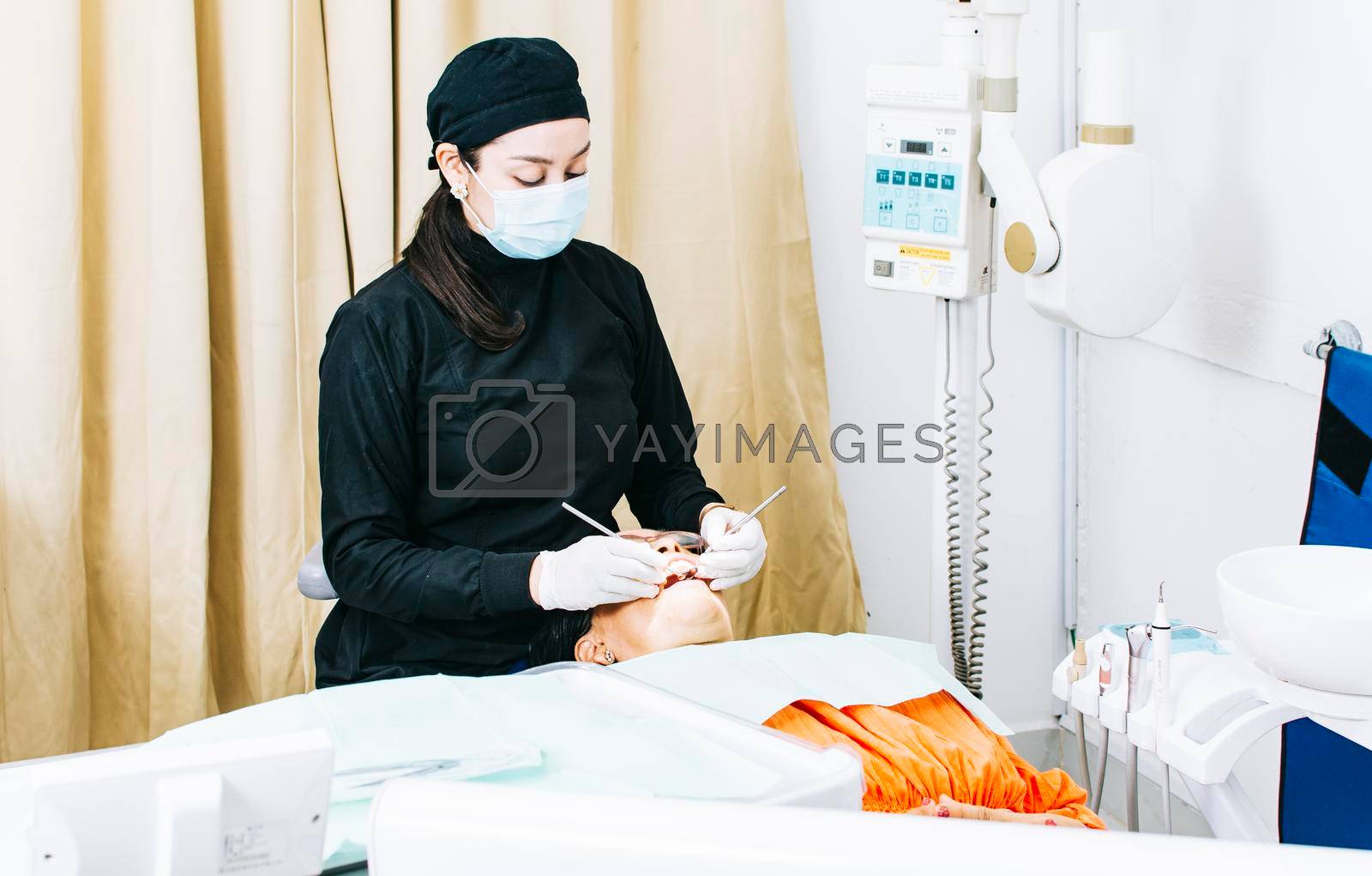 Woman dentist with patient lying down, Dentist examining mouth to patient, Woman dentist doing endodontics to woman patient, Dentist performing stomatology