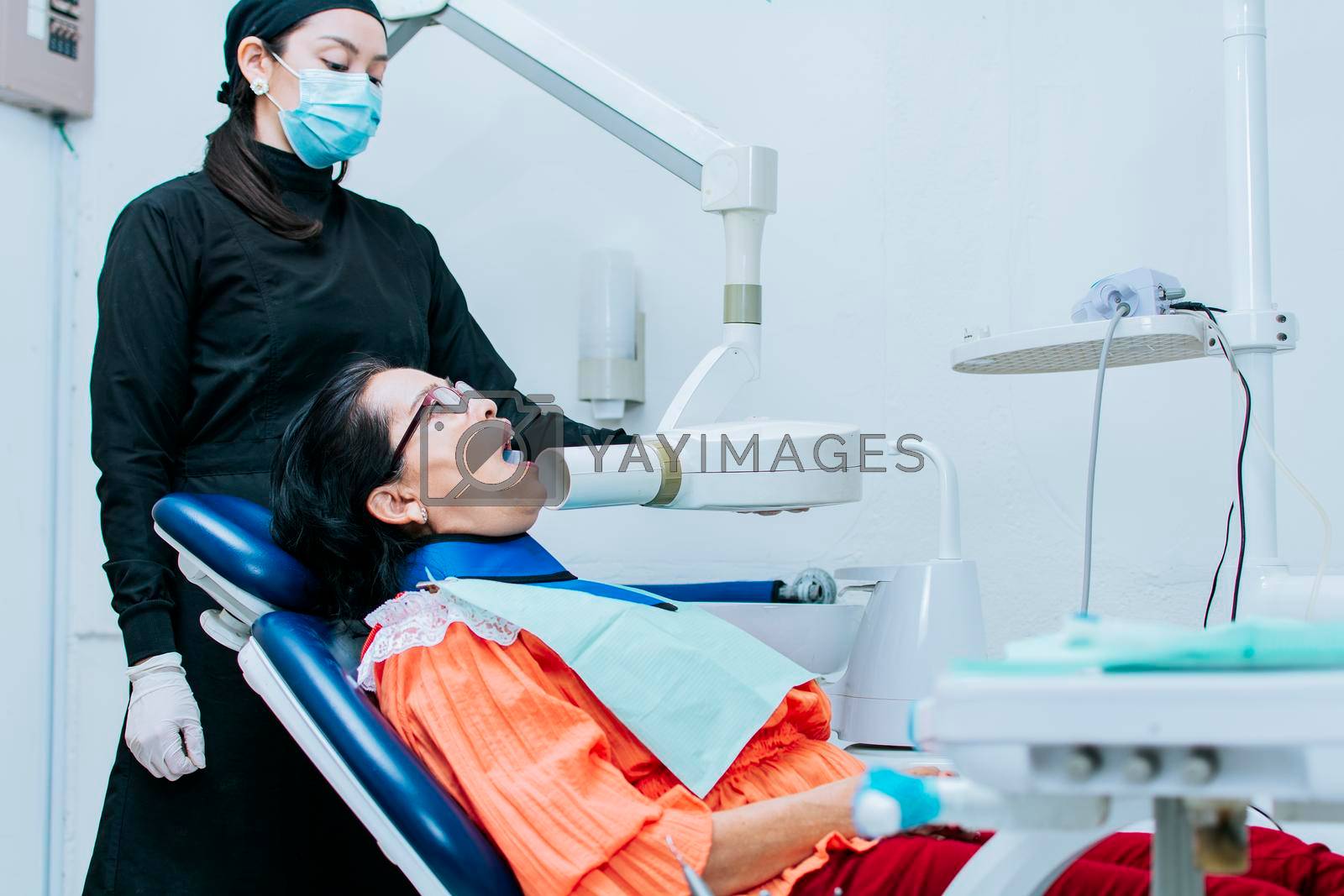 A female dentist performing dental x-rays, Female dentist performing x-rays on a patient, Female dentist performing dental x-rays
