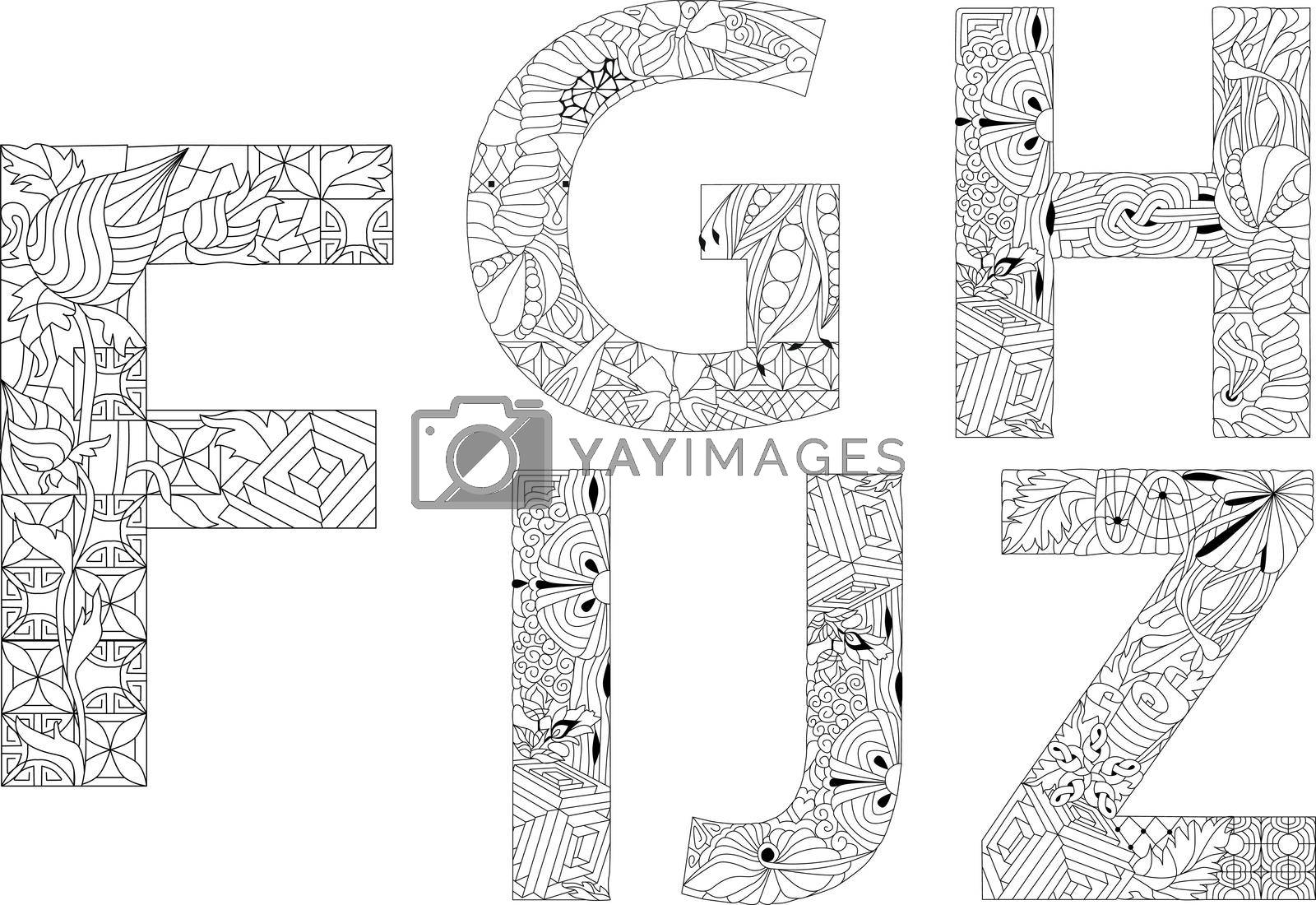 Royalty free image of Vector of hand drawn set of Alphabet from F - J in Zentangle style for coloring pages by NataOmsk