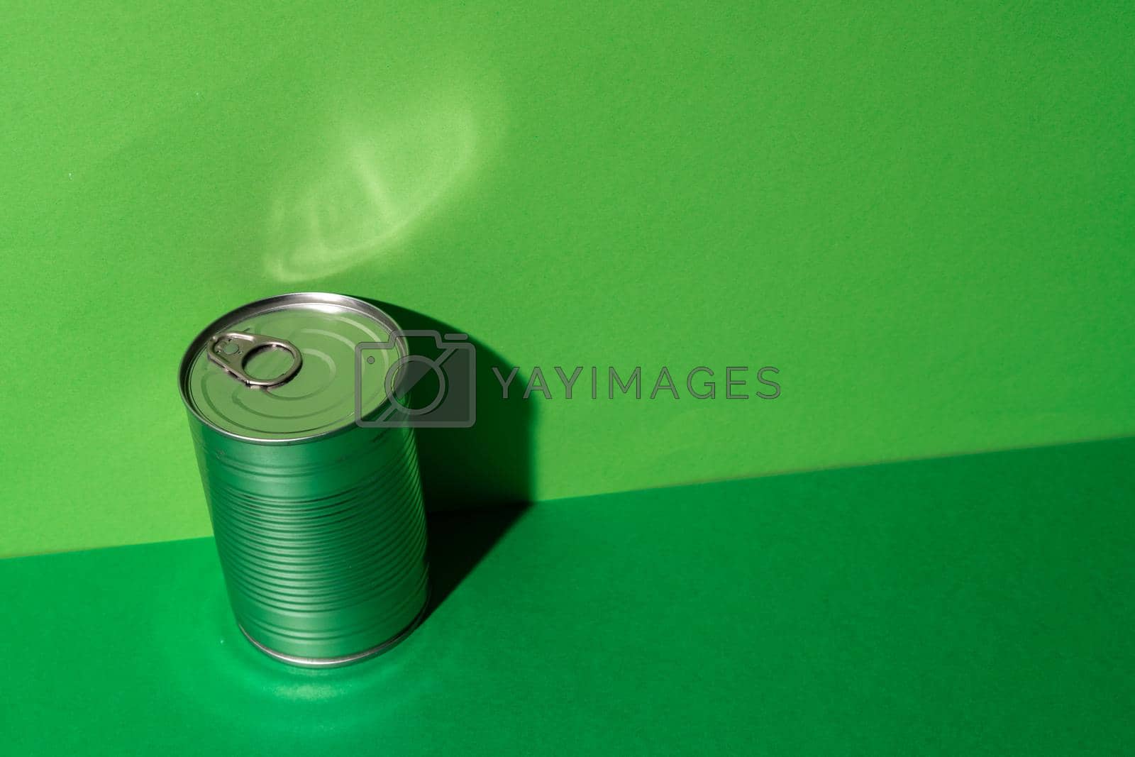 Canned food tin on green studio background close up