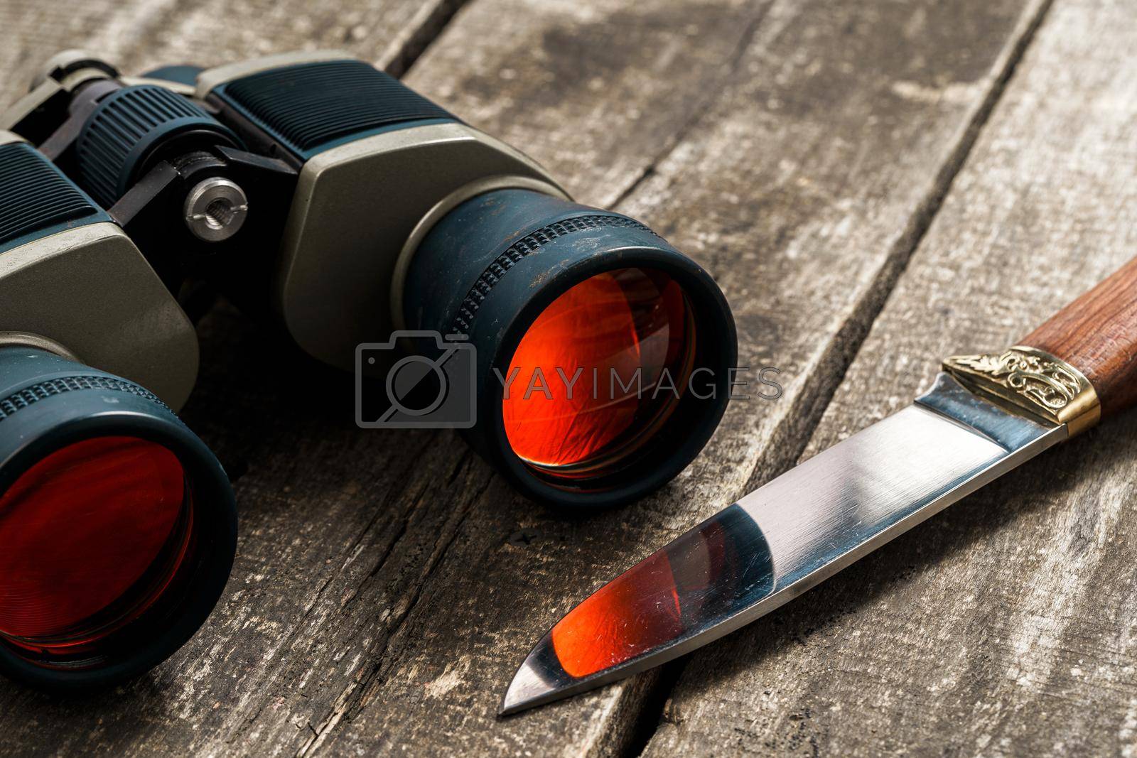 Royalty free image of Hunting equipment binoculars on wooden background close up by Fabrikasimf