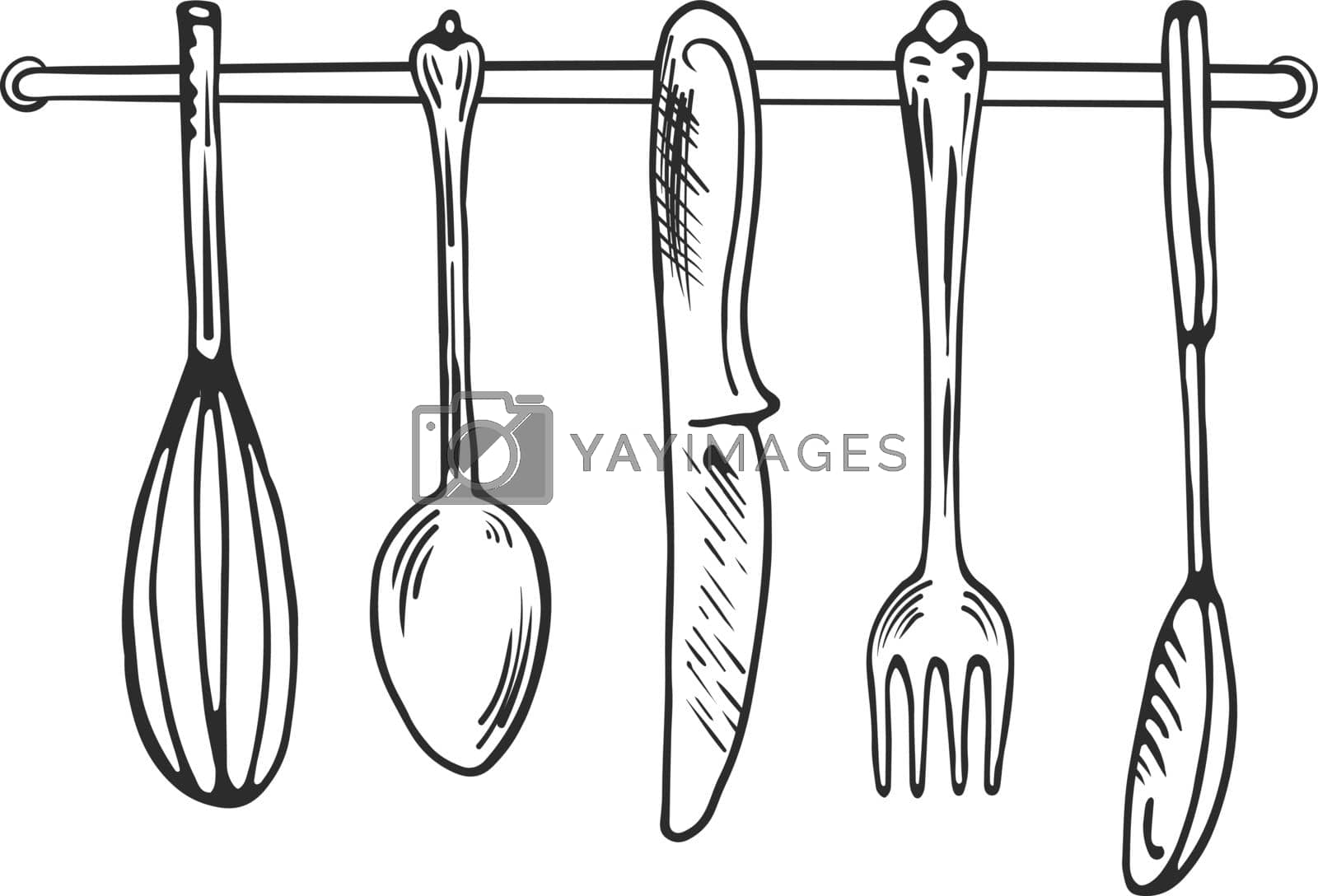 Royalty free image of Cutlery hanging on kitchen wall. Kitchenware black sketch by ONYXprj