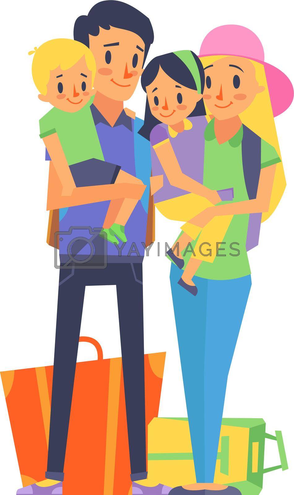 Young couples with babies going on vacation. Family travel isolated on white background